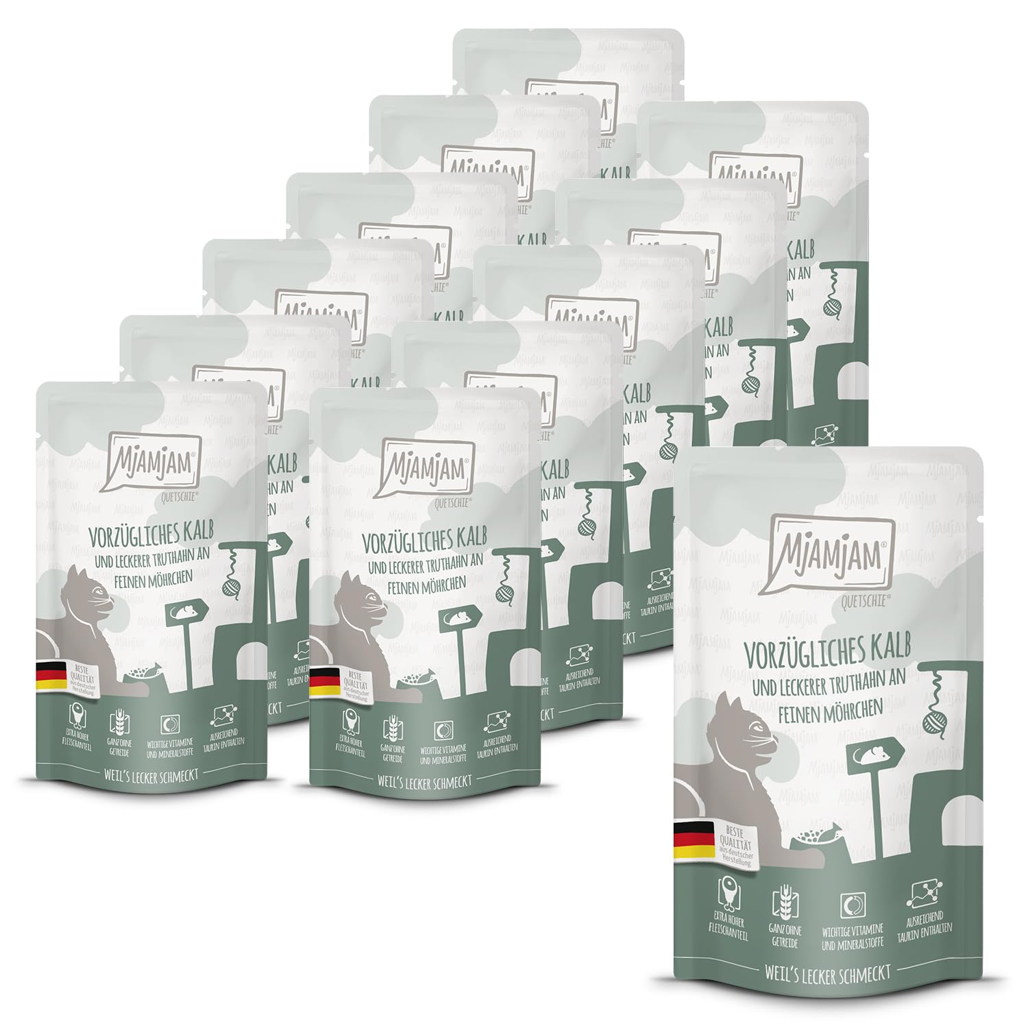 MjAMjAM - Premium Nassfutter für Katzen - Quetschie - vorzügliches Kalb & Truthahn an feinen Möhrchen, 12er Pack (12 x 125 g), getreidefrei mit extra viel Fleisch