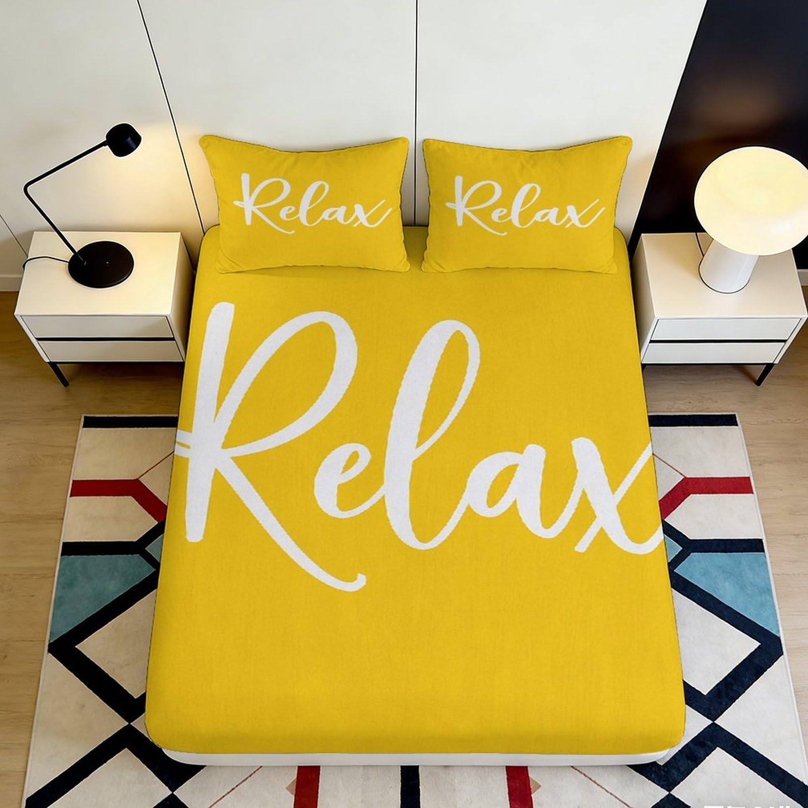 3D Printed Yellow Relax Lettering Fitted Sheet Microfiber Soft Anti-Slip Bed Cover for Bedroom Dorm Mattress Protection 90x200x25cm