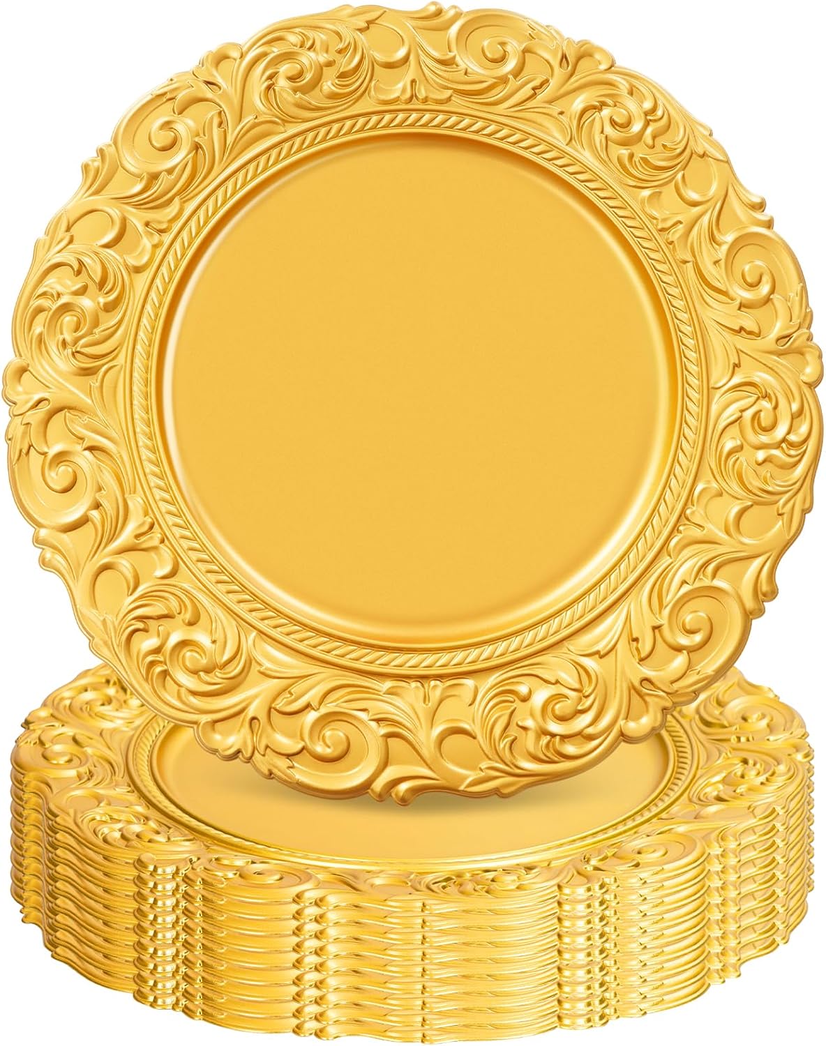 Gold Charger Plates Bulk 10Pcs - 13" Gold Chargers for Dinner Plates, Round Floral Embossed Decorative Charger Plate for Wedding & Event Kitchen Party Decoration Gold 10 Pcs-13"
