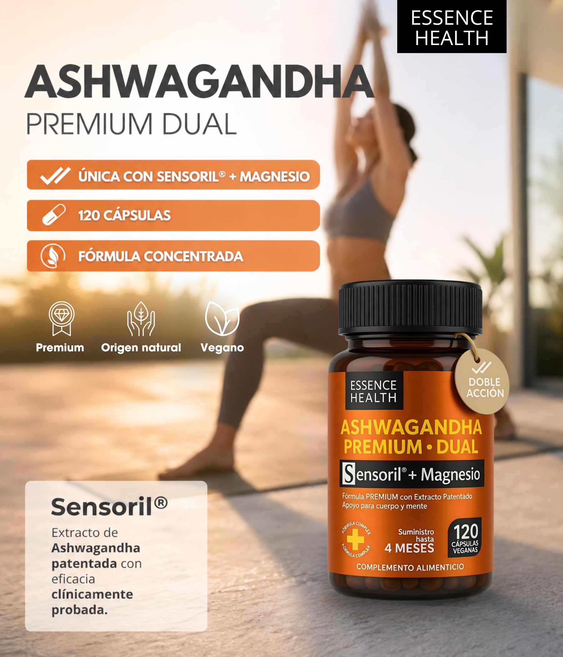 Ashwagandha Sensoril® Alta Potencia 50:1 – Extracto de Ashwagandha Adaptógena para Estrés, Ansiedad y Energía – con Magnesio para Equilibrio Mental – 120 Cápsulas Veganas