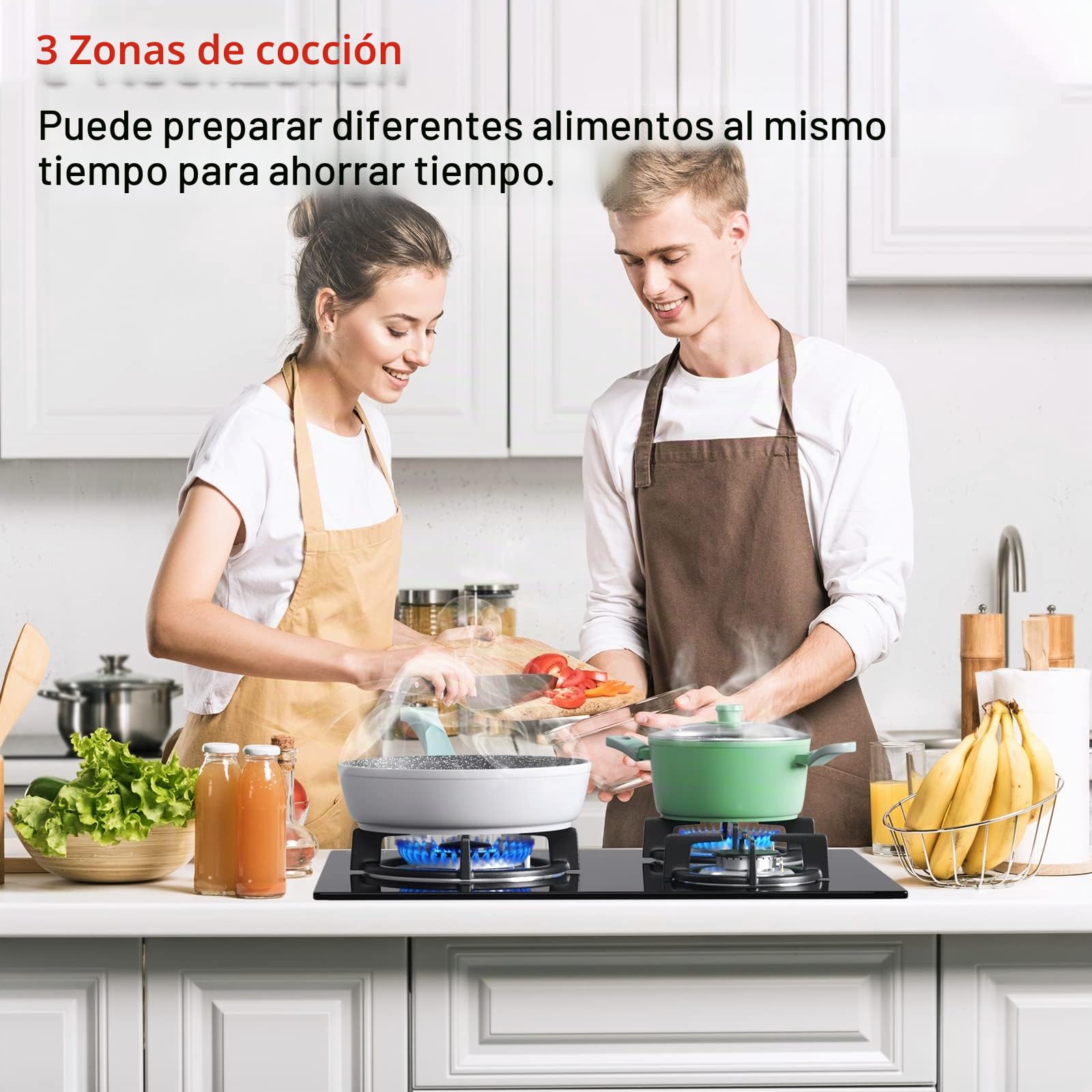 IsEasy Placa de Gas 3 Fuegos Negro, Encimera de Gas Butano/Natural/Propano,7750W, 60 cm