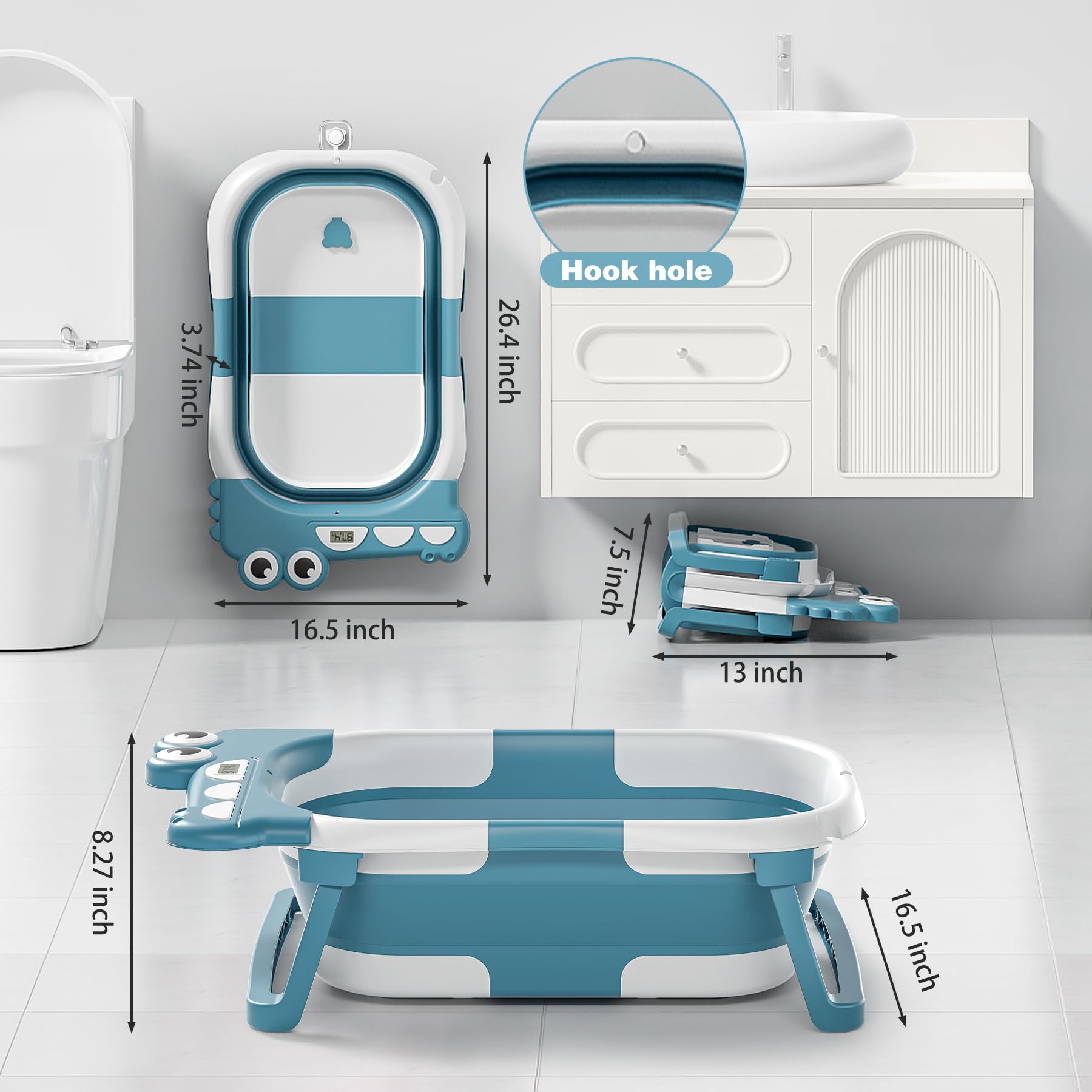 Bañera plegable de cocodrilo para recién nacidos con termómetro y 1 cojín flotante suave y agujero de drenaje, bañera de viaje plegable y portátil para recién nacidos y niños pequeños de 0 a 36 meses