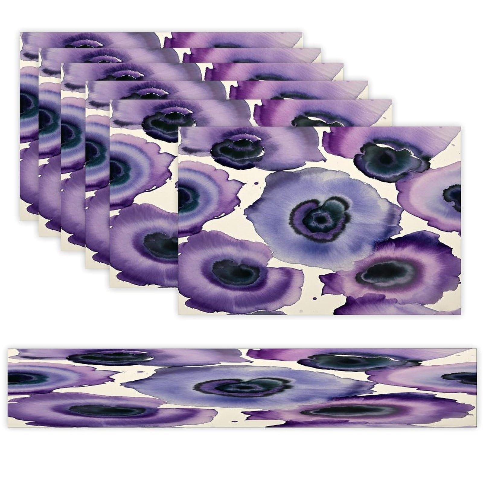 Abstract Watercolor Purple Table Runner and Placemats Set of 6 Wipe Clean Heat Resistant Table Mat with Table Runner Decorations Flax Linen Place Mat Set for Home Kitchen Party Supplies