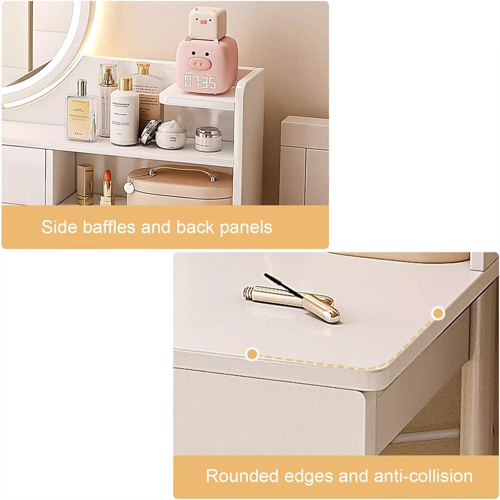 Slaapkamer kaptafel, 80 cm witte make-uptafel, kaptafel met 2 laden en een kast, LED-high-definition spiegel, drie kleuren verstelbaar, geschikt voor kleine ruimtes, damesslaapkamer (kleur: Wh