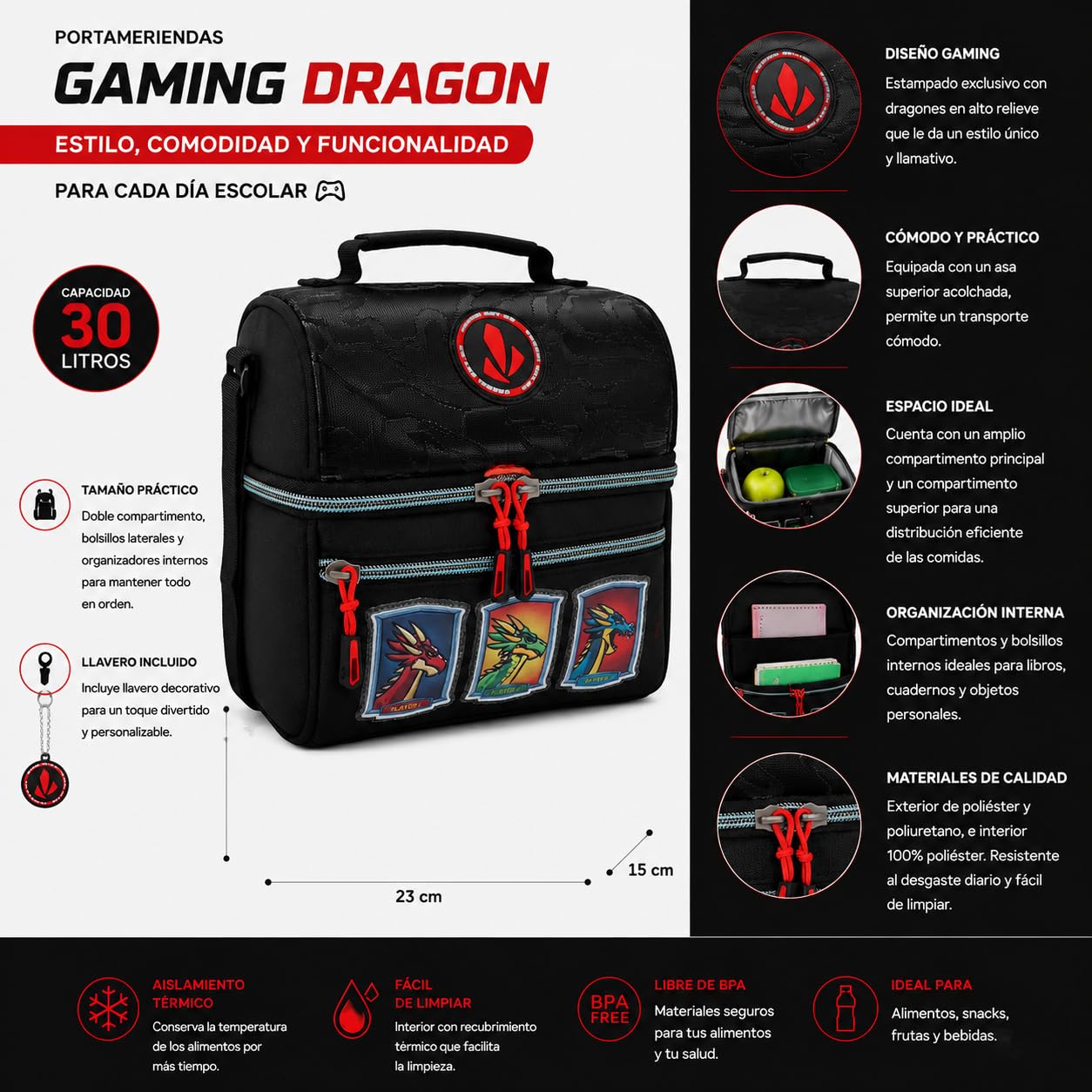 Vasari Combo Escolar Fiambrera Térmica + Estuche Triple Compartimento | Bolsa Porta Alimentos y Estuche Escolar para Niño | Gaming Dragon Negro