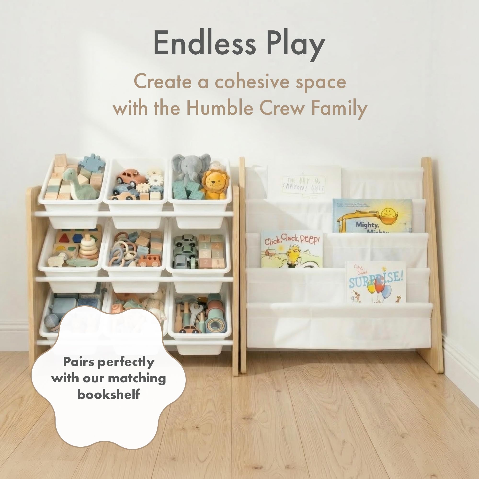HumbleCrew Scaffale Bambini Ecologico: Organizer Giocattoli con 9 Contenitori, Design Naturale/Bianco, Perfetto per Camerette Moderne e Ordinate