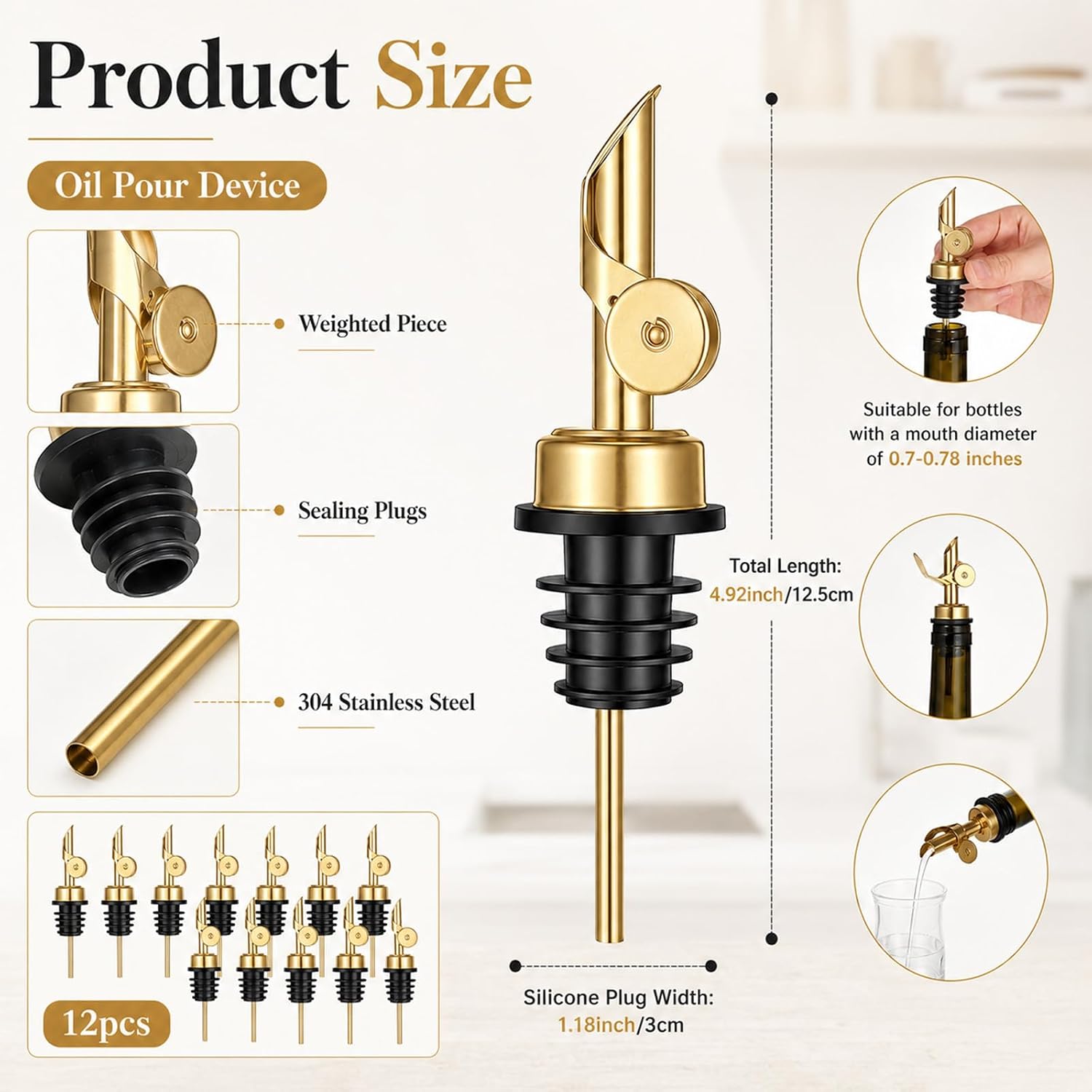 12Pcs Weighted Stainless Steel Liquor Bottle Pourer Olive Oil Spout