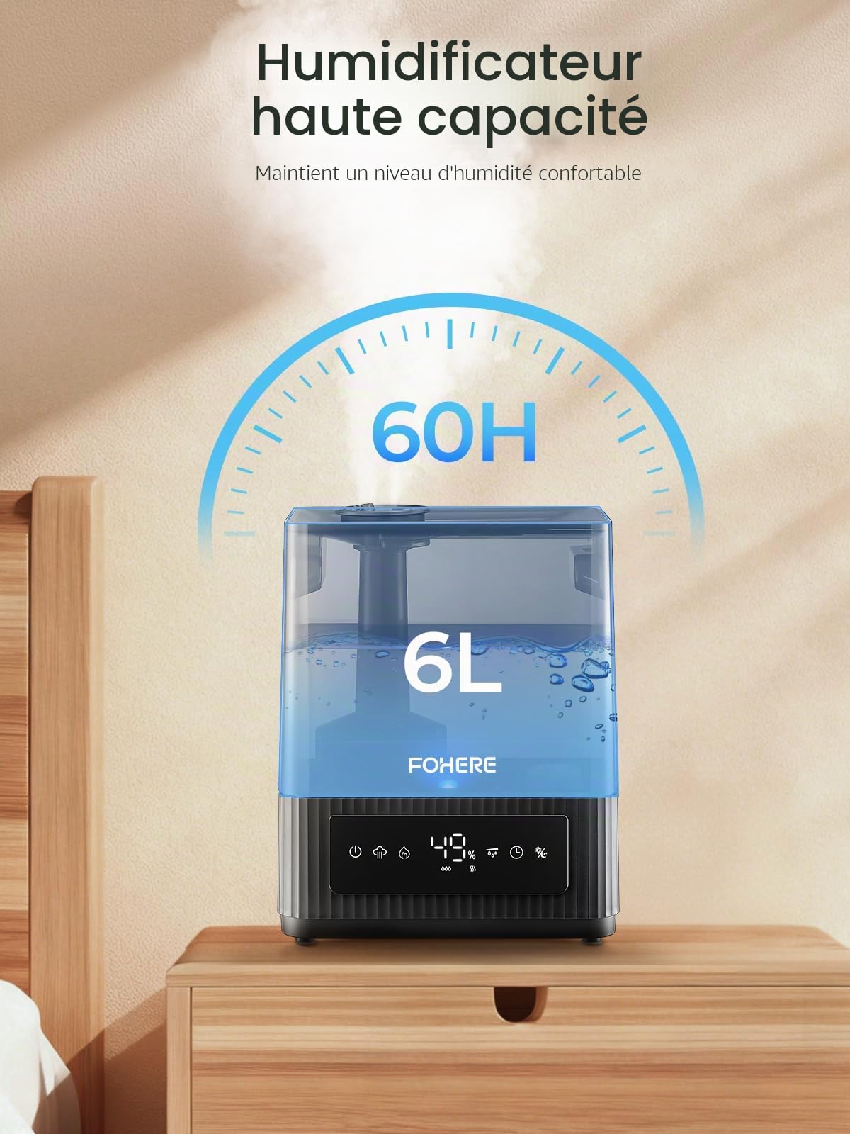 6L Humidificateur D'air Chambre à Brume Froide Silencieux, Autonomie 60H et Minuterie 12H, Humidificateur avec Capteur D'humidité Précis, Remplissage Par Le Haut pour Grandes Pièces et Salon, Noir