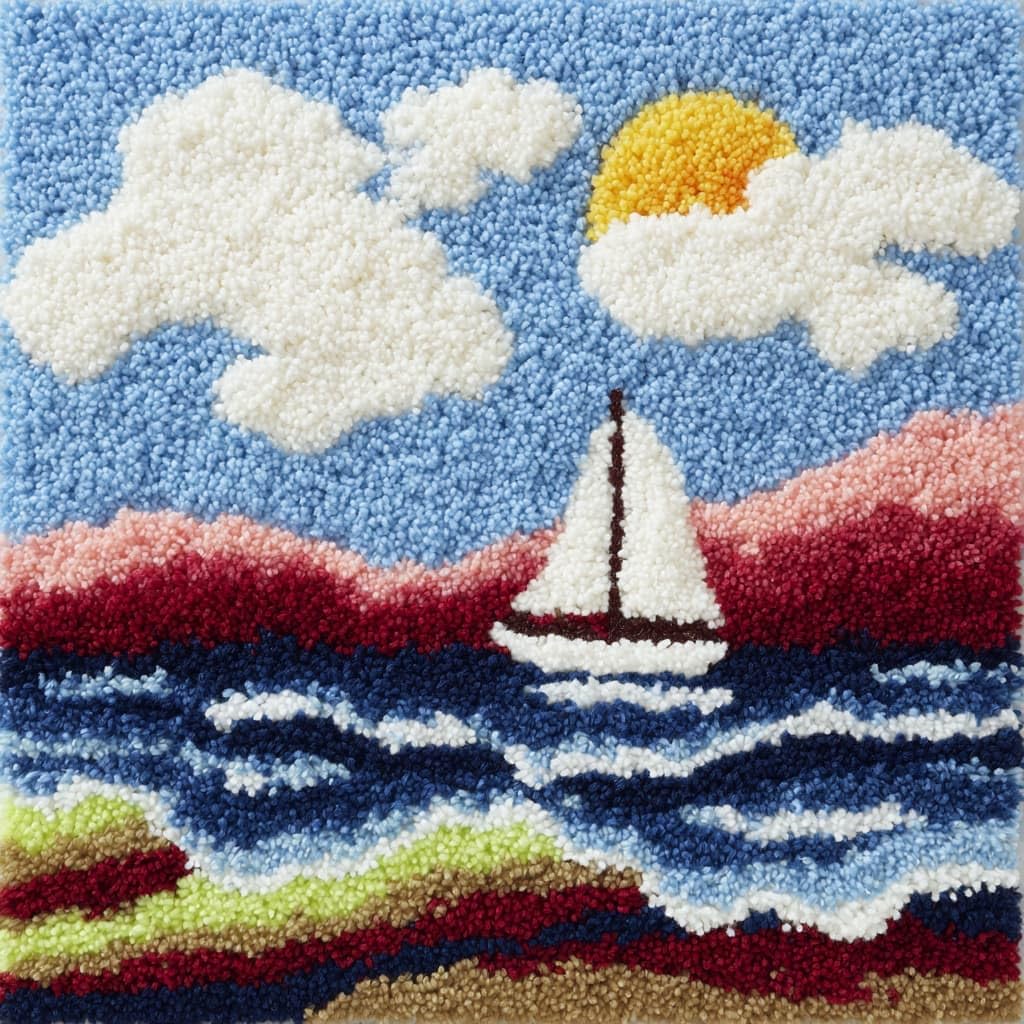 Taxpy DIY Latch Hook Cushion Kits, Sailboats at sea Needlework Embroidery Set Crochet Needlework Crafts with Latch Hook Tool 43x43cm