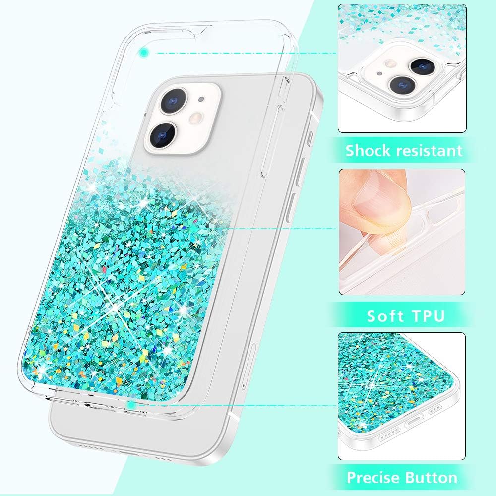 Maxdara Compatible with iPhone 12/12Pro Glitter Case for Girls Women Bling Sparkle Floating Quicksand Soft TPU Luxury Pretty Phone Case for iPhone 12/12 Pro (6.1 inch), Teal