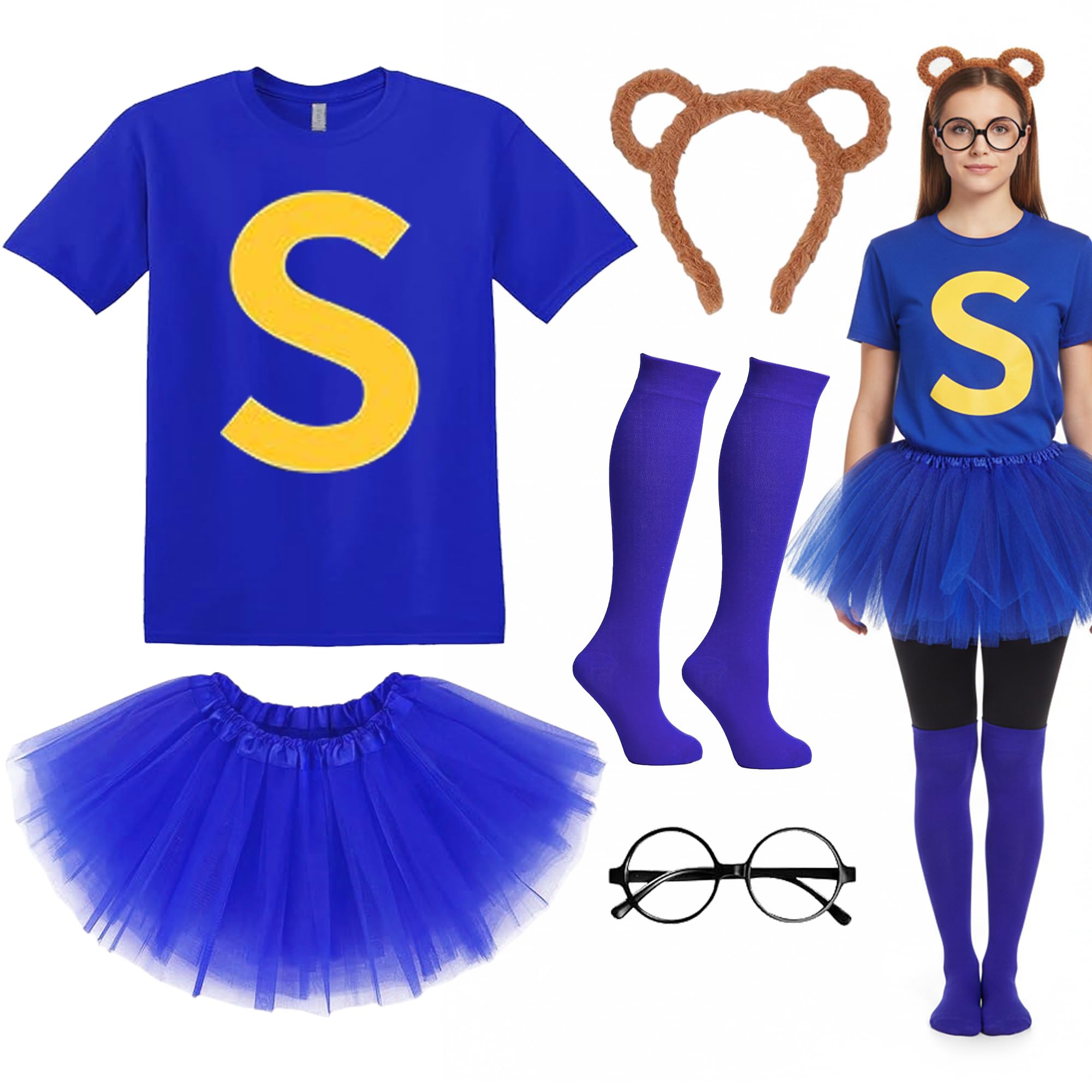 Soireeparty 5Pcs Chipmunks Costume Fancy Dress - Blue Letter S Shirt Tutu Skirt Knee High Socks Round Glasses and Animal Ear Headband, Animal Cosplay for Adults Teens World Book Day Dress Up(M)