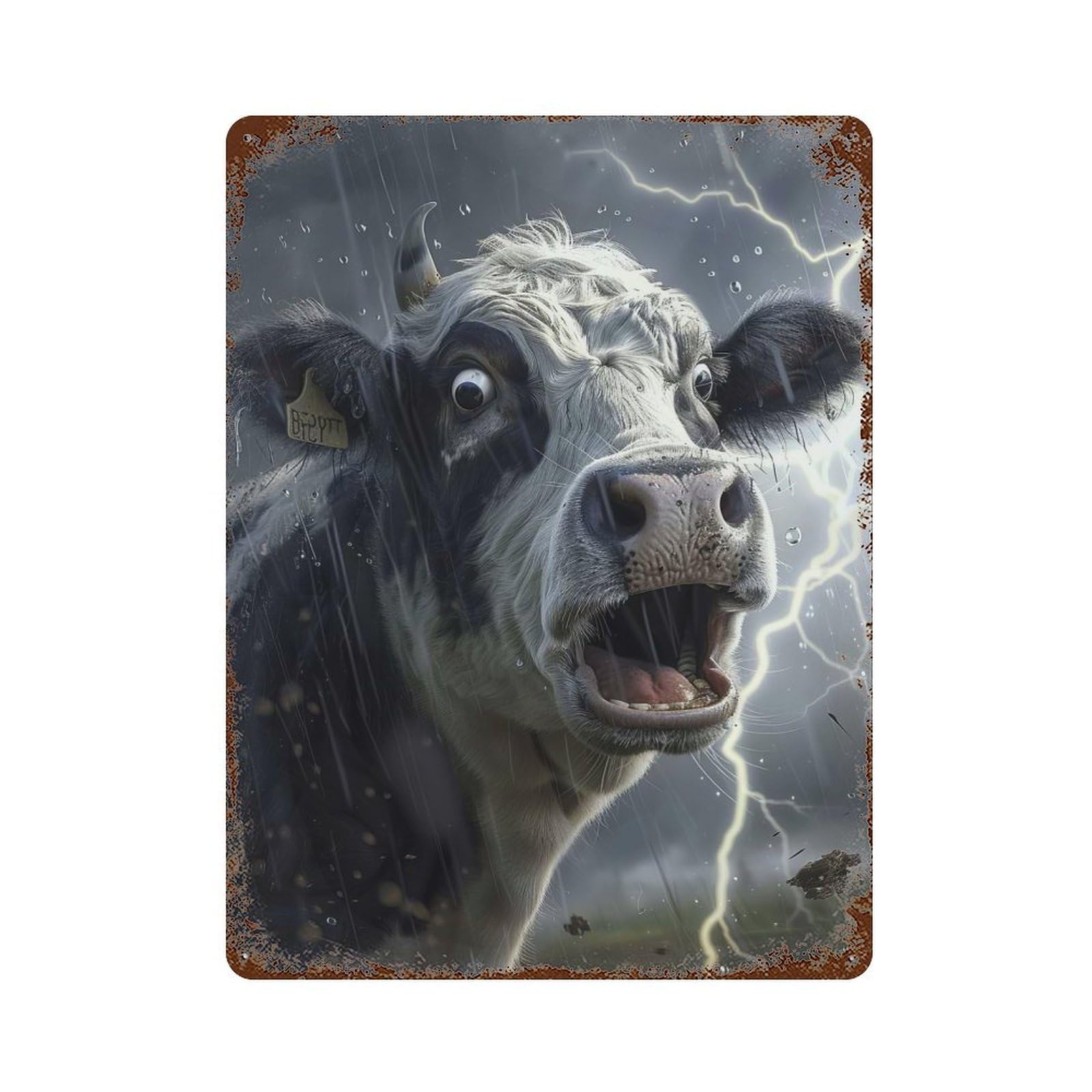 Cow Lightning Aged Metal Wall Plaque 15.7"x11.8", Old School Wall Decor for Garage, Pub Or Kitchen