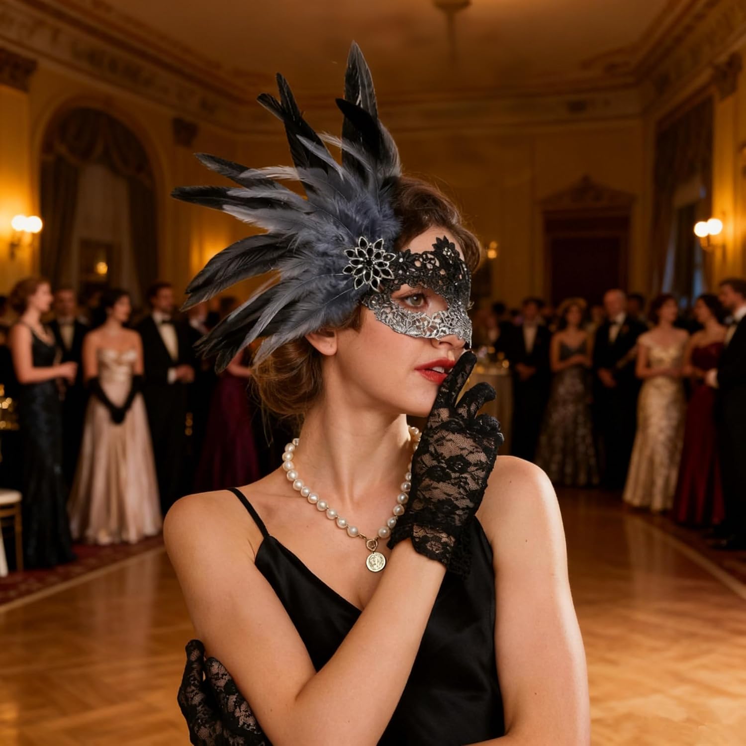 SAFERIN Lace Masquerade Mask & Gloves Set Delicate Feather Venetian Style Eye Mask for Halloween - Image 4