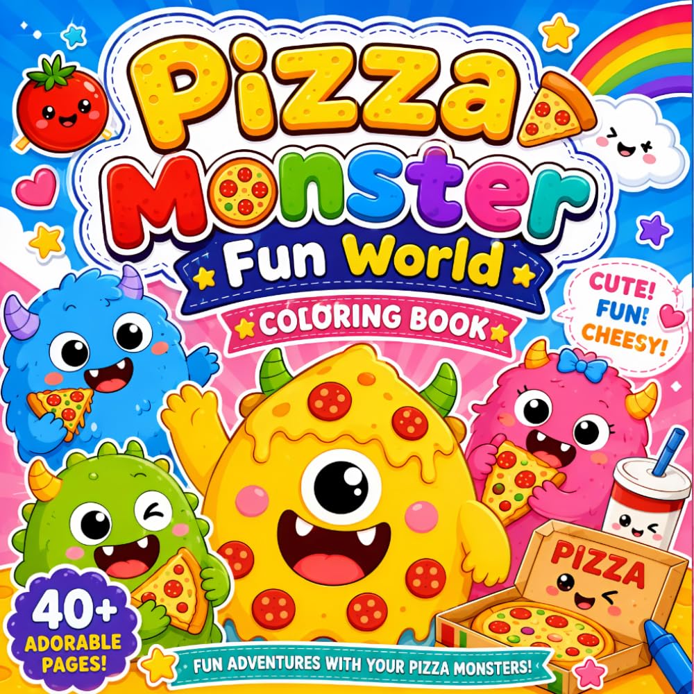 Pizza Monster Fun World: 40+ Cute Coloring Pages for Kids , Fun Kawaii Food Monster Coloring Book