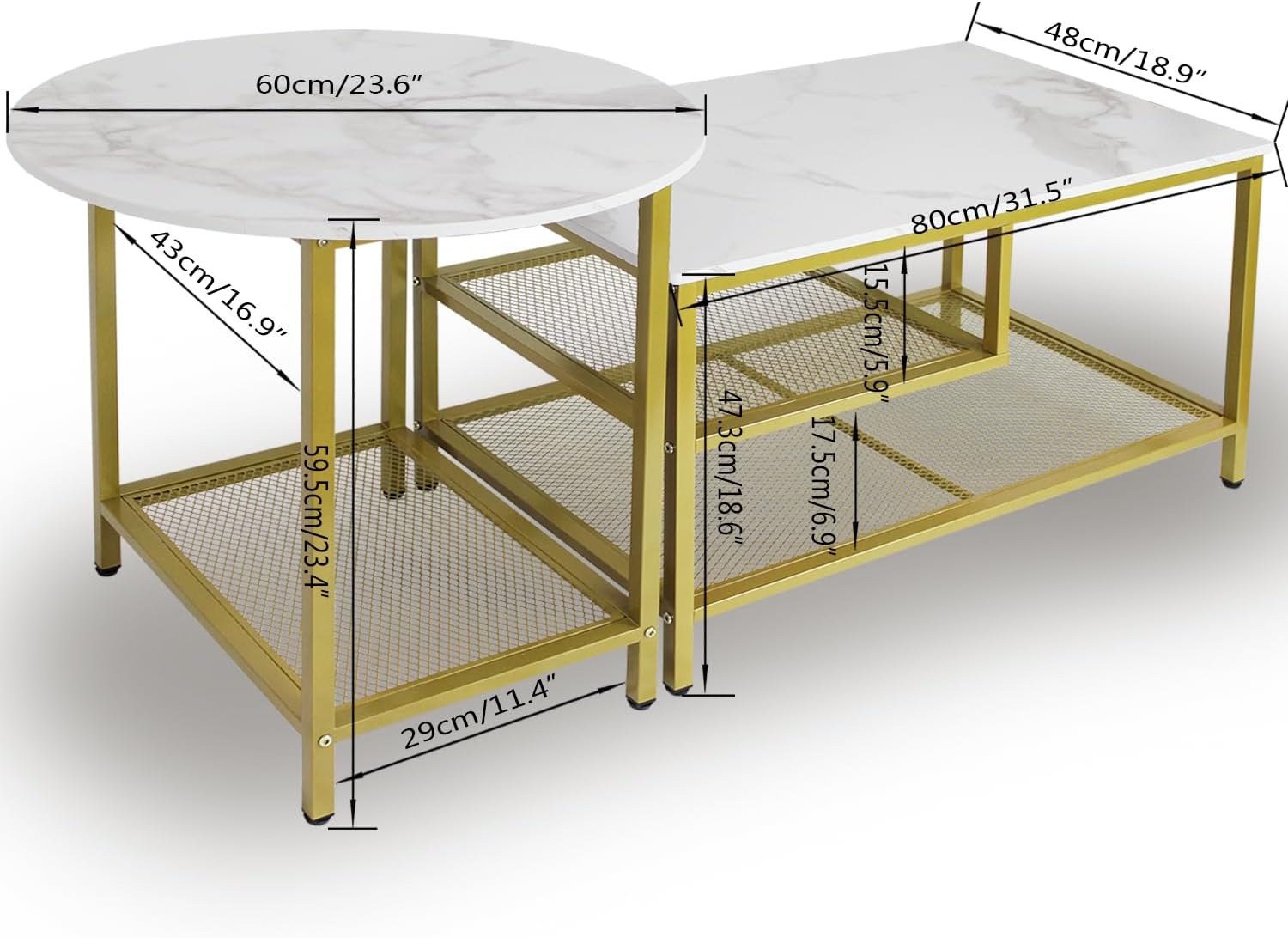 AT-VALY Nesting Table Set of 2, Modern Round End Table & Rectangular Coffee Tables for Living Room Apartment (Gold)