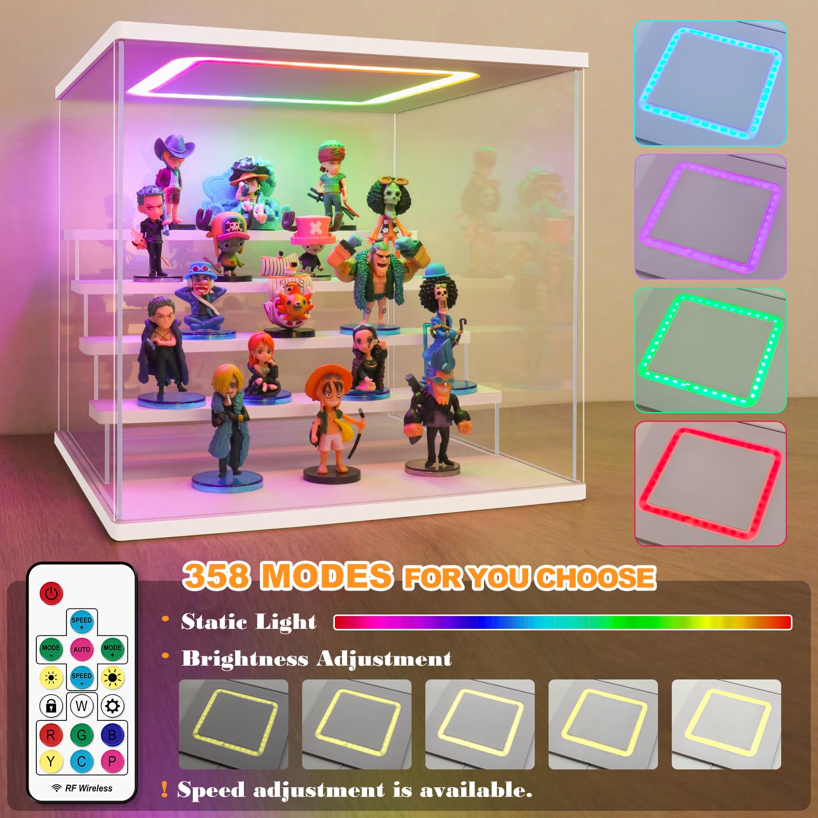 Nonemey Vetrina in Acrilico Trasparente con Luce Led Colorata,3/4/5/6 Tier Teca Espositiva,Organizzatrice Antipolvere Vetrina Espositiva per Collezionismo(Bianca, 4Tier-31.5x24.5x26.5 cm)