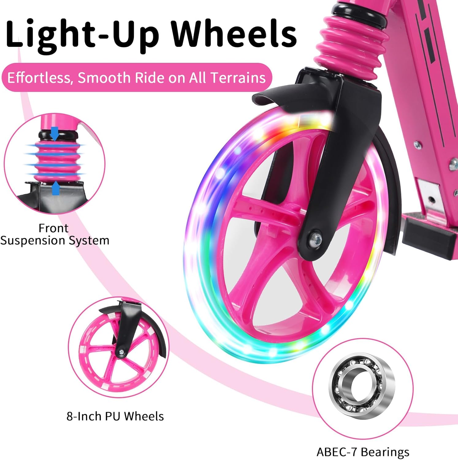 BELEEV V5 Plus Scooters for Kids Ages 6+, Teens with Light-Up Wheels & Deck, 2 Wheel Folding Lightweight Sport Scooter with 4 Adjustable Height, 8-inch Big Wheels, Carry Strap, Max Load 220 lbs - Image 3