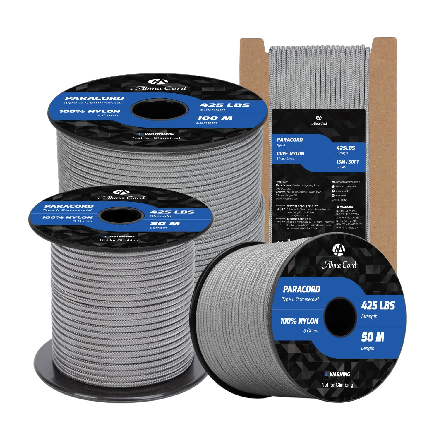 Abma Cord Paracord 3mm 15m 100% Nylon Rope Type II 3 Strands Parachute Cord - Max. 192kg (425lbs) - Grey