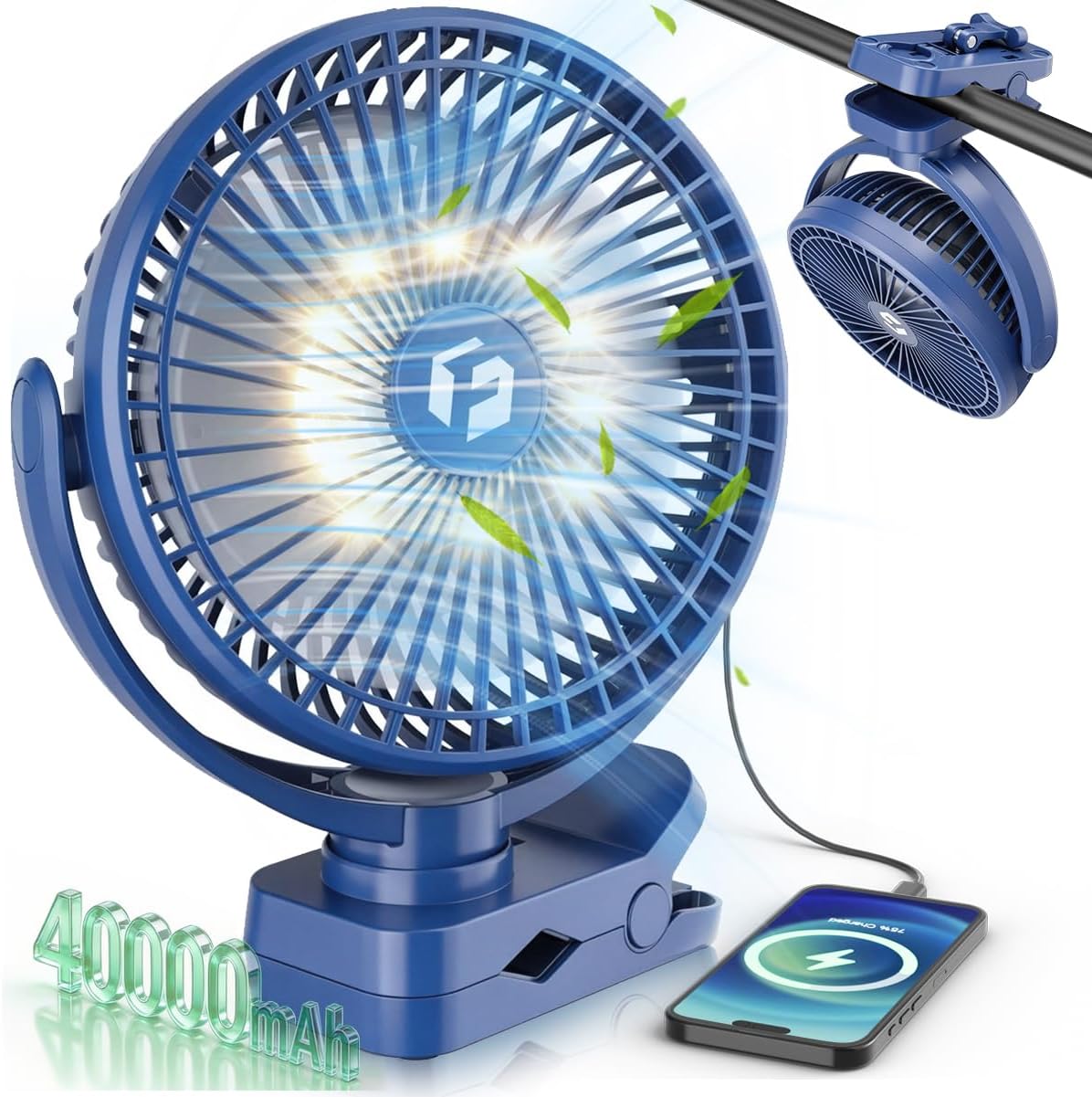 40000mAh Clip on Fan for Golf Cart, 60H Working Time Portable Rechargeable Fans with LED Timers - 8-Inch Battery Powered Fan for Travel Indoor Desk Tent, Golf Accessories Gifts for Men Dad Him