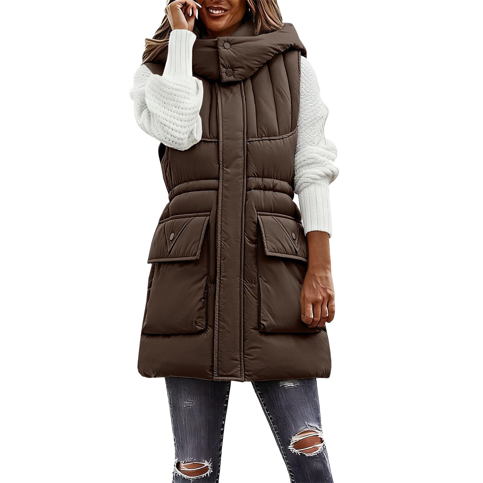 Genérico Abrigos Plumas Mujer,Chaleco Acolchado Largo Para Mujer Con CordóN Ajustable En La Cintura Abrigo TéRmico CáLido De Invierno Con Aislamiento