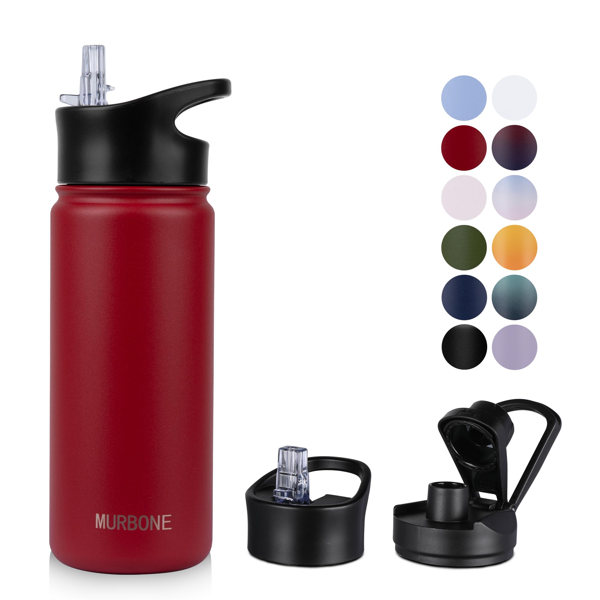 MURBONE Insulated Water Bottle, 500ml Stainless Steel Drink Flask with Straw, BPA Free