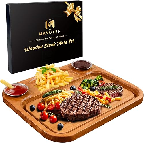Los platos de madera para carne incluyen 2 tazas de salsa, juego de tabla de carne de madera para servir comida y carne tabla de cortar con ranura