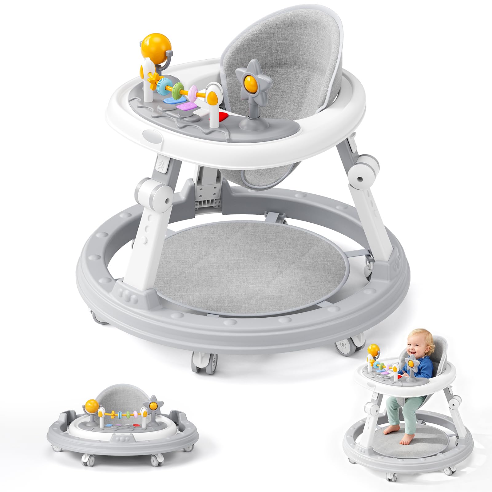 Baby Walkers, Foldable Baby Walker with Wheels, with Non-Slip Support Pad, 7cm Anti-Pinch Design, Three Adjustable Heights (56/58/60 cm), Baby Walkers for Boys and Girls Over 6 Months Old