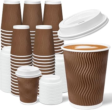 Charmount 100 Pack 12 oz Brown Disposable Insulated Coffee Cups with Lids | Ripple Wall Hot Paper To-Go Cups for Coffee, Tea, Cocoa, and Drinks - For Home, Office, Party