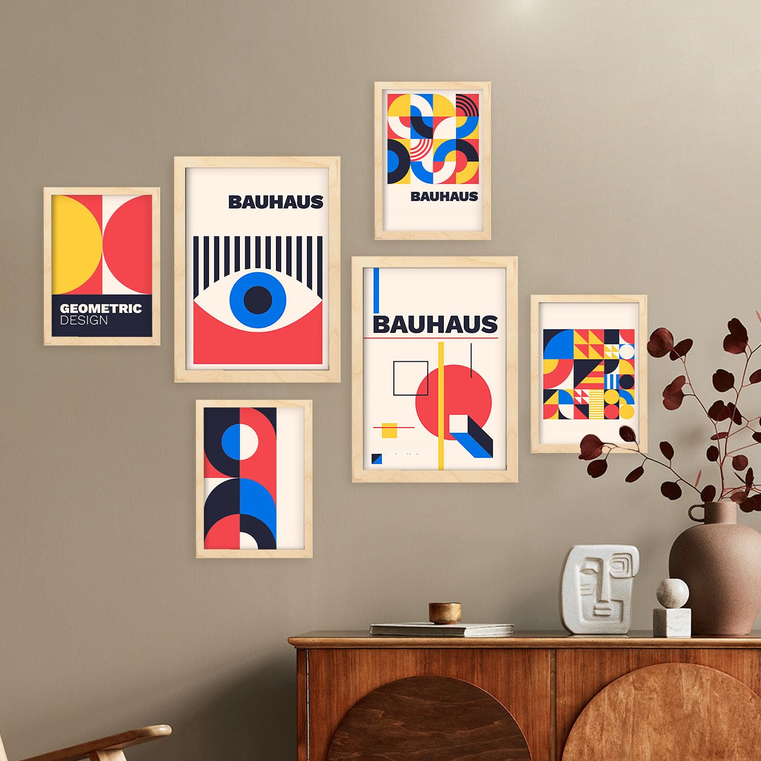 Nacnic Set de 6 Laminas en Bauhaus Style 3 Laminas de colección de diseño geométrico con marcos Cuadros decorativos para su sala de estar, dormitorio, hogar Tamaños A4 y A3 con marcos de madera ligera