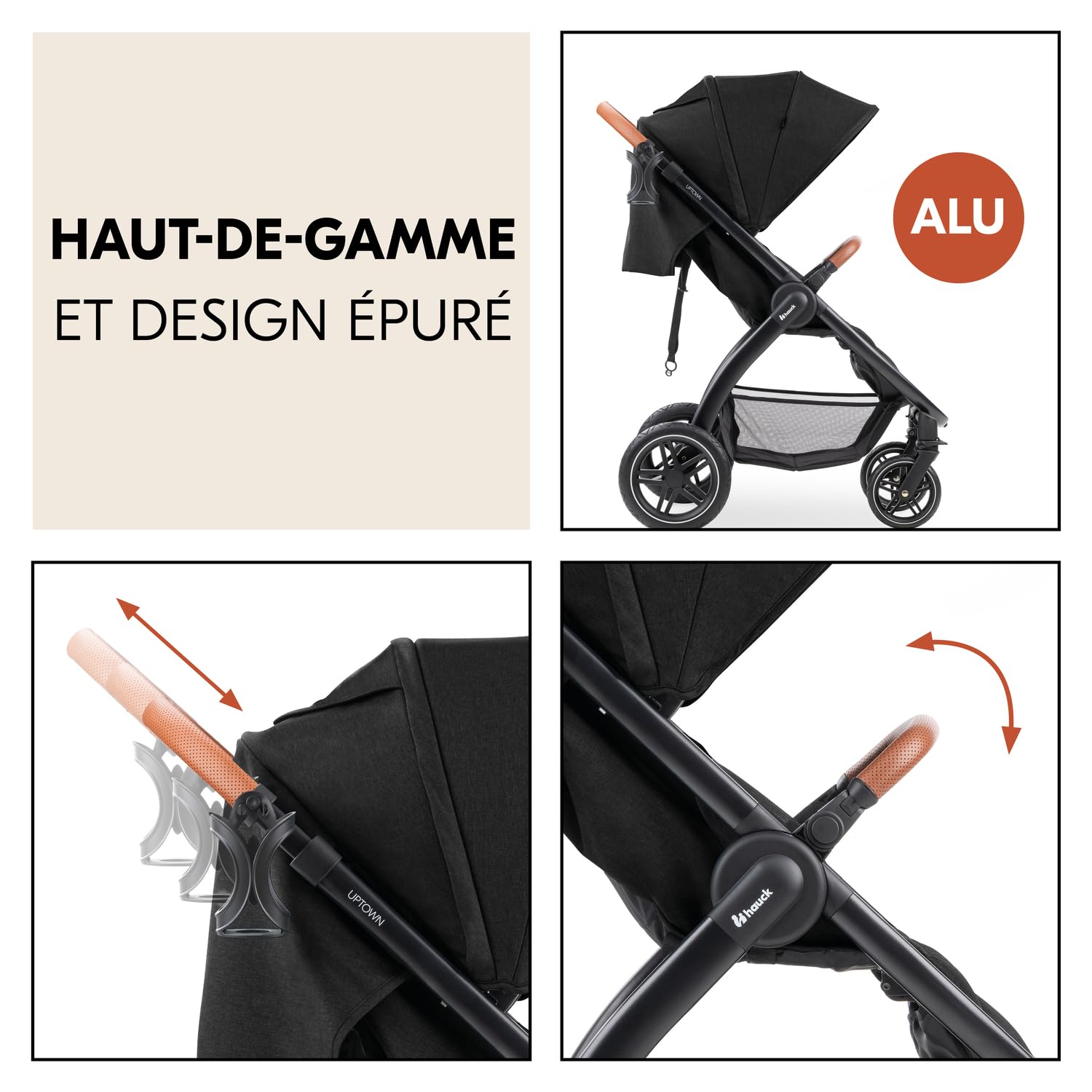 hauck Uptown Poussette Compacte Noir Chiné – dès la Naissance avec Dossier Inclinable, Siège Large jusqu’à 22 kg, Roues Caoutchouc, Suspension, UV 50+, Pliable, Hauteur Réglable, Grand Panier