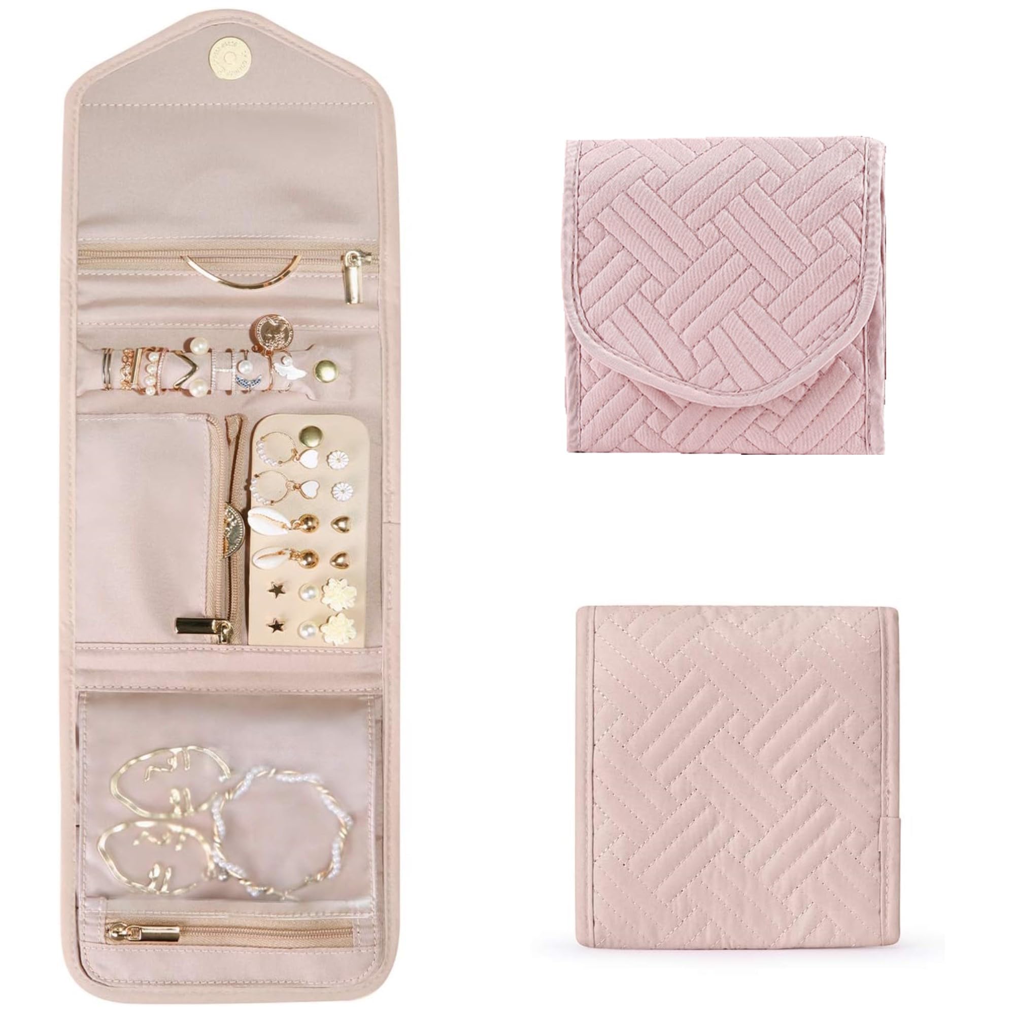 AUXINAUXIN Mini Travel Jewelry Organizer Case for Holiday Vacation Storage Earrings Studs Rings Necklaces Bracelets Brooches, Foldable Pouches Roll Bag for Women Ornaments (Pink)