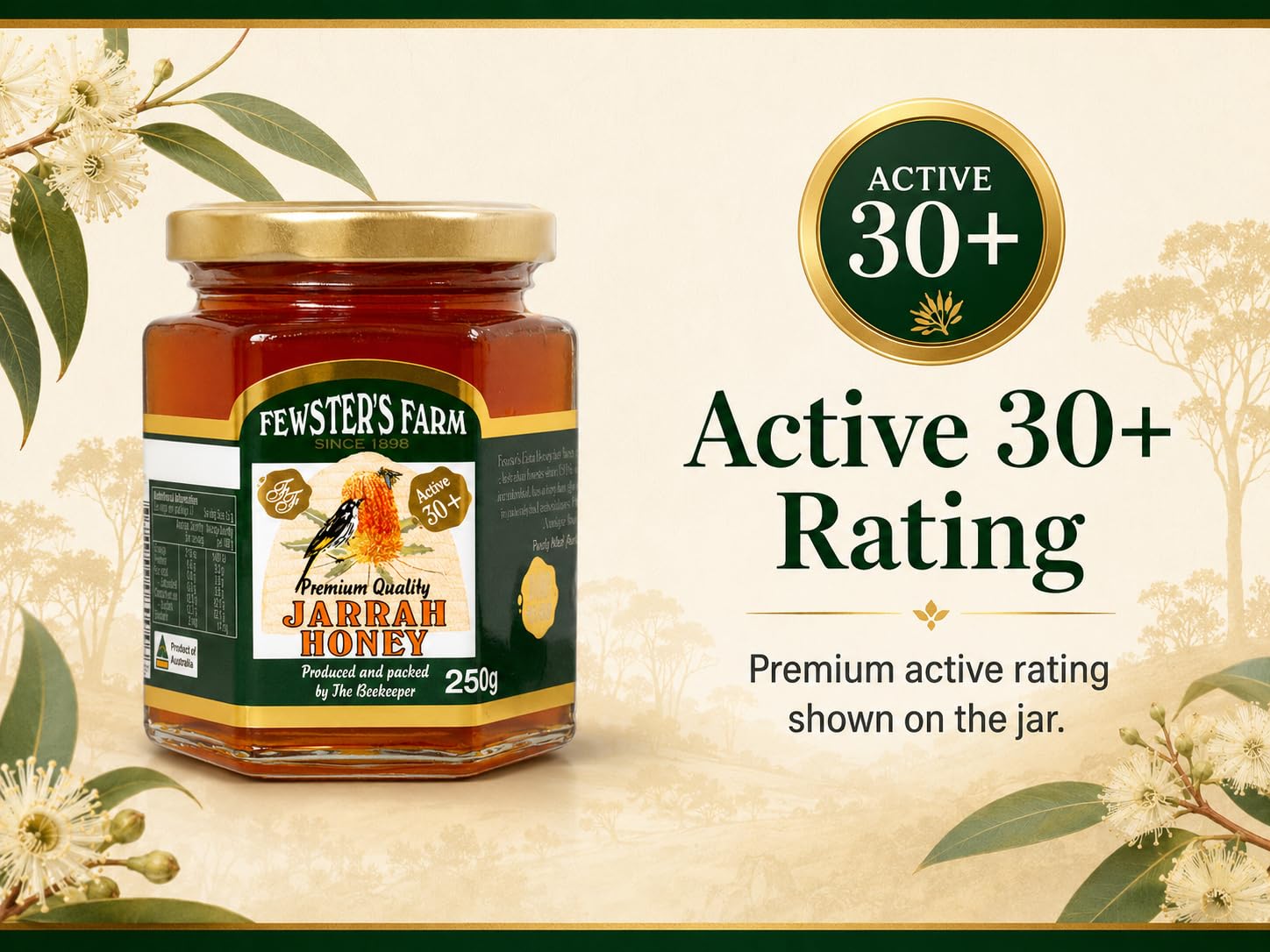 Fewster's Farm TA 30+ Jarrah Honig 500 g – Jarrah-Honig ist Nektar, der von Bienen aus den Blüten des Jarrah-Baums gesammelt wird.