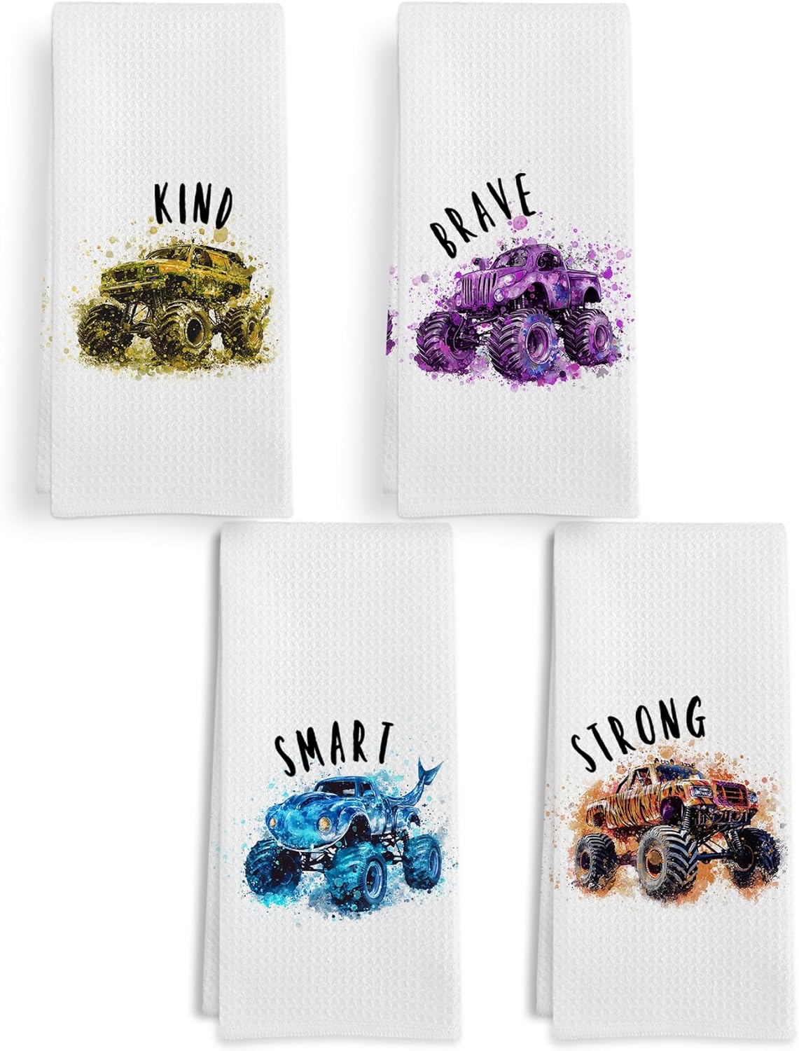 Monster Jam Truck Car Hand Towels for Boys Toddler Bathroom Set of 4, Boys Truck Inspirtional Dish Tea Towel for Kitchen, Kids Postive Trucks Kitchen Towels, 16x24 Inch
