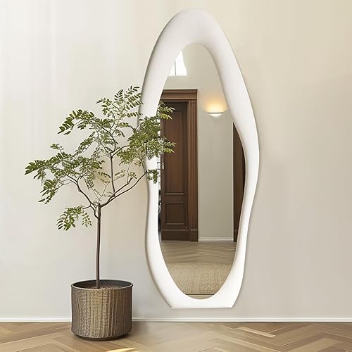 Miniatura 2 de Espejo de longitud completa de 63 x 24 pulgadas, espejo irregular de cuerpo completo para montar en la pared, con soporte, marco de franela marfil,