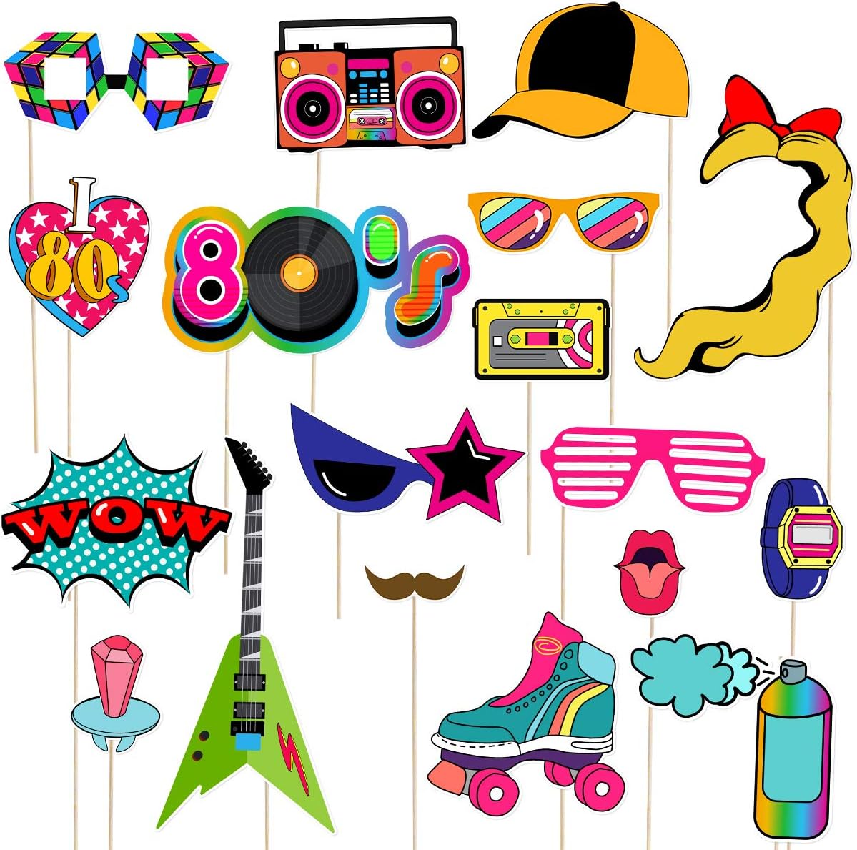 Photo Ornament 80's Retro Party Photo Booth Props Birthday Photo Booth Props with Wooden Sticks Creative 80s Party Themed Decoration 21PCS Lip Gloss Set