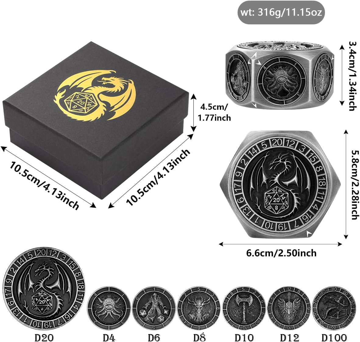 DND Dice Set, 8 Sides Metal Spinner Dice with 3D Monster Relief, Unique DND Gifts, Cool D&D RPG Accessories for Players & DM, Set with Box for Men Women, Dark Silver