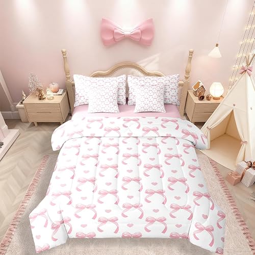 Erosebridal 7 Piece Coquette Bedding Set Pink Bow Comforter Set with Sheets Full