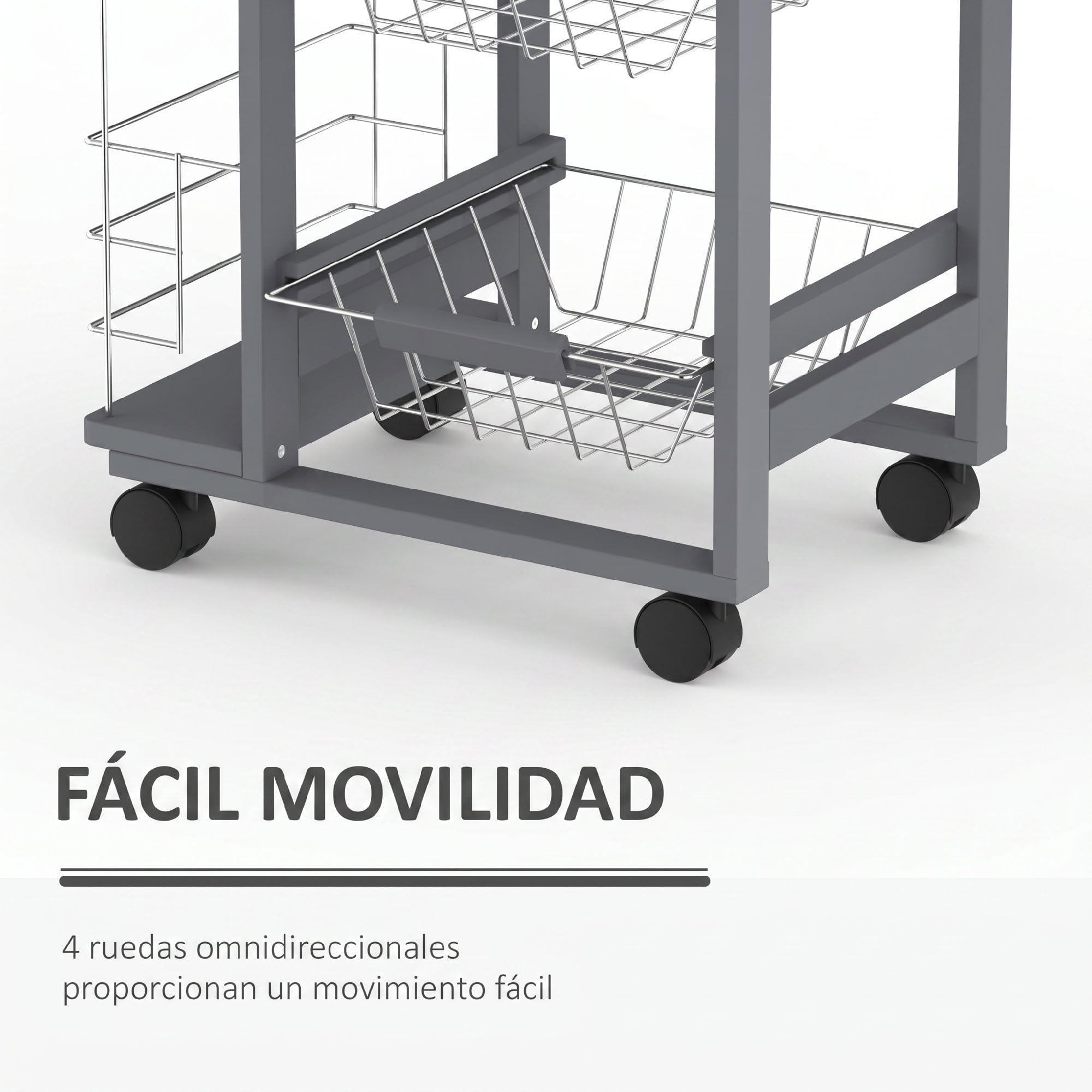 HOMCOM Carrito Auxiliar con Ruedas, 3 Cestas Metálicas, 47x37x83 cm, Gris | Carrito de Cocina, Cajón, 2 Especieros, Estructura de Madera de Pino, para Verduras y Frutas, para Comedor