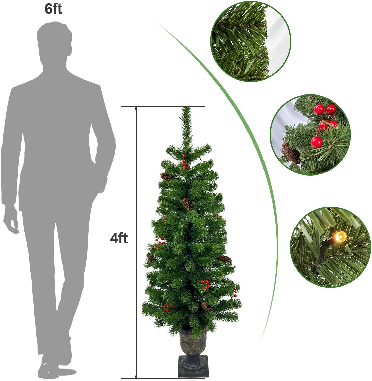 4FT Artificial Potted Christmas Tree with Lights, Pre-lit Mini Christmas Tree with 50 LED Lights, Small Fake Spruce Tree with 140 Branch Tips, Pine Cones&Red Berries, Battery Operated - Image 2