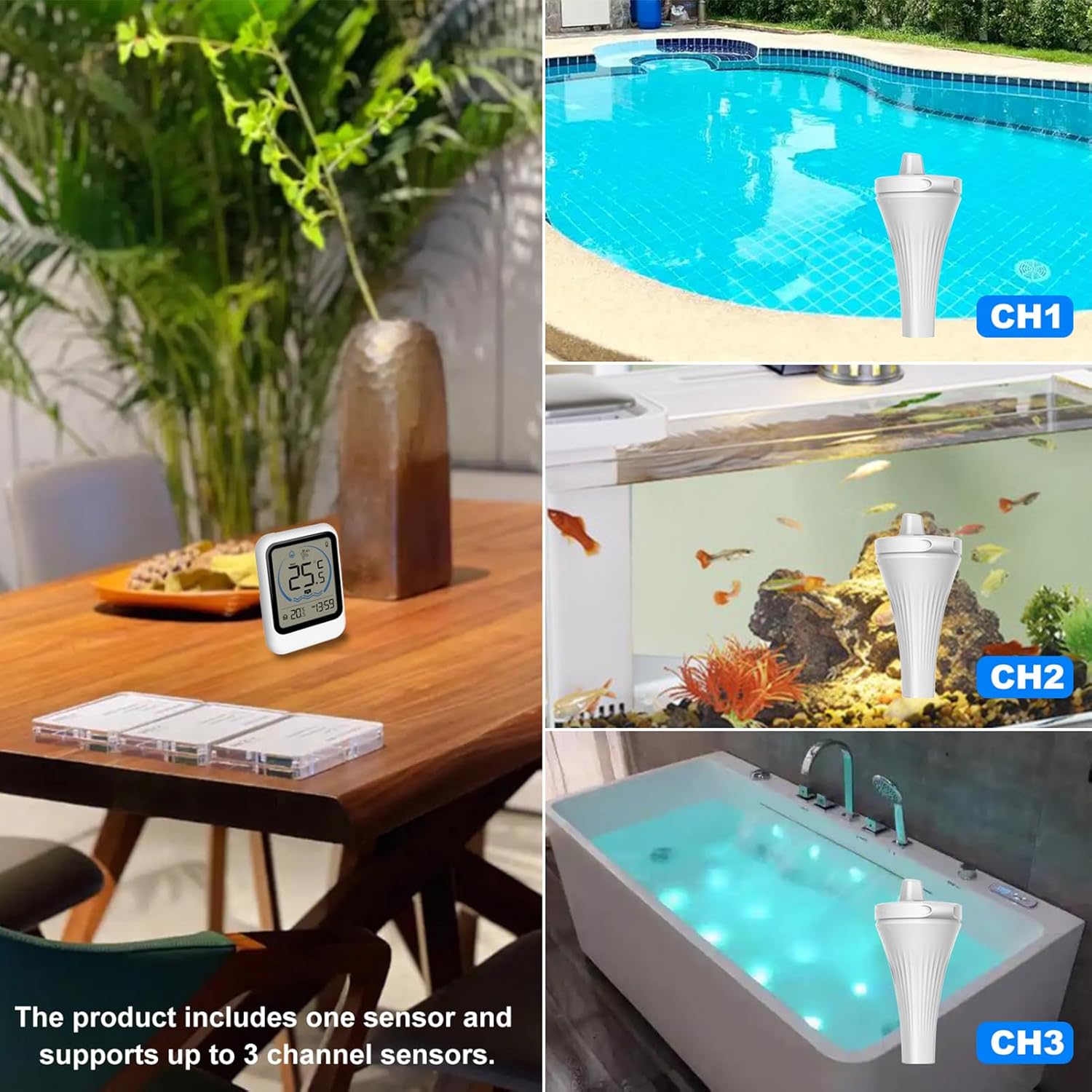 Pool Thermometer with Temperature Sensor for Pool Fish Tank Bathtub Swimming Pool 12/24-Hour Time Format Record Highest Lowest Outdoor Temperature℃/℉ switchable