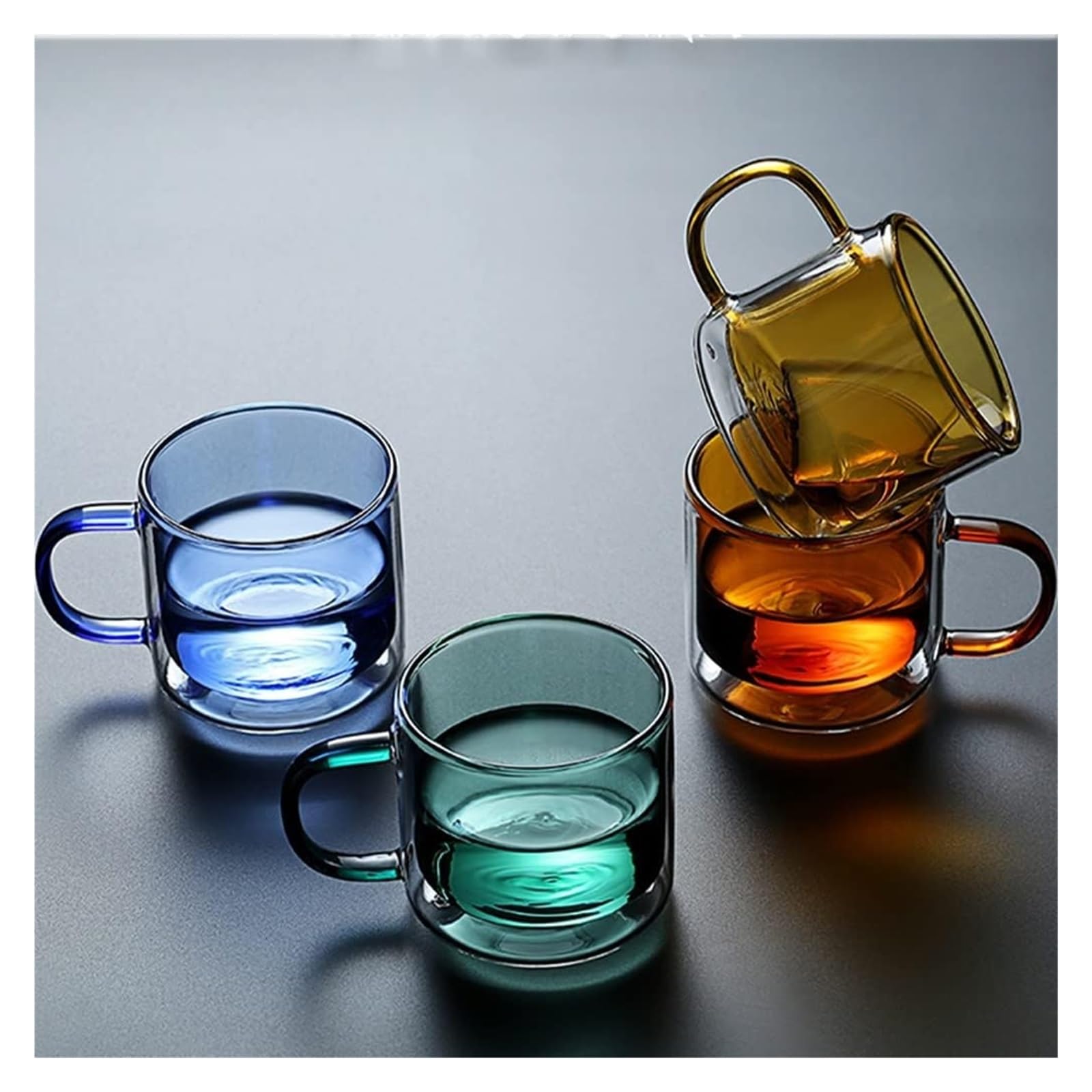Doppelwandiges Kaffeetassen-Set aus Glas mit Henkel, wiederverwendbare isolierte Kaffeetasse, farbige Trinkgläser, Weingläser, Glasgeschirr, Trinkgläser, Teetasse, 250 ml/9 oz(Four Piece Set)