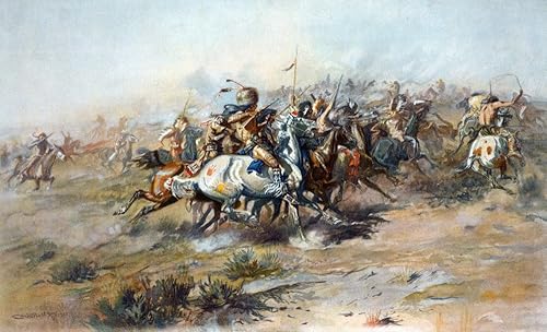 La batalla de los nativos americanos de Little Bighorn a caballo en la batalla de Little Bighorn Pintura por Charles M Russel C1903 Póster impreso