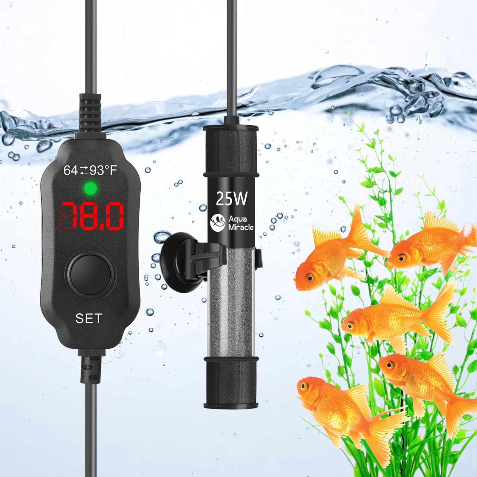 AquaMiralce 25W Aquarium Heater with Compact Size, Submersible Fish Tank Heater with LED Digital Display Thermostat, Adjustable Fish Heater Turtle