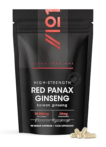 Panax Ginseng Extract 15,000mg – 50mg Ginsenoids High Strength Korean Red Ginseng – 90 Vegan Capsules – Resealable and Recyclable Pouch by Alpha01