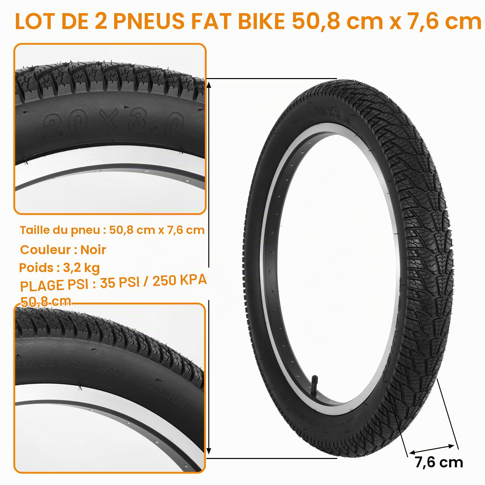 2-Pack 20x3.0 ‌Pneux et Chambres à Air pour VéLo, 20 Pouces‌ Pneu de VTT, 20x3 Chambre à Air pour VéLo avec Levier de Pneus, Pneus de Rechange Pliables pour VTT et éLectrique(FR)
