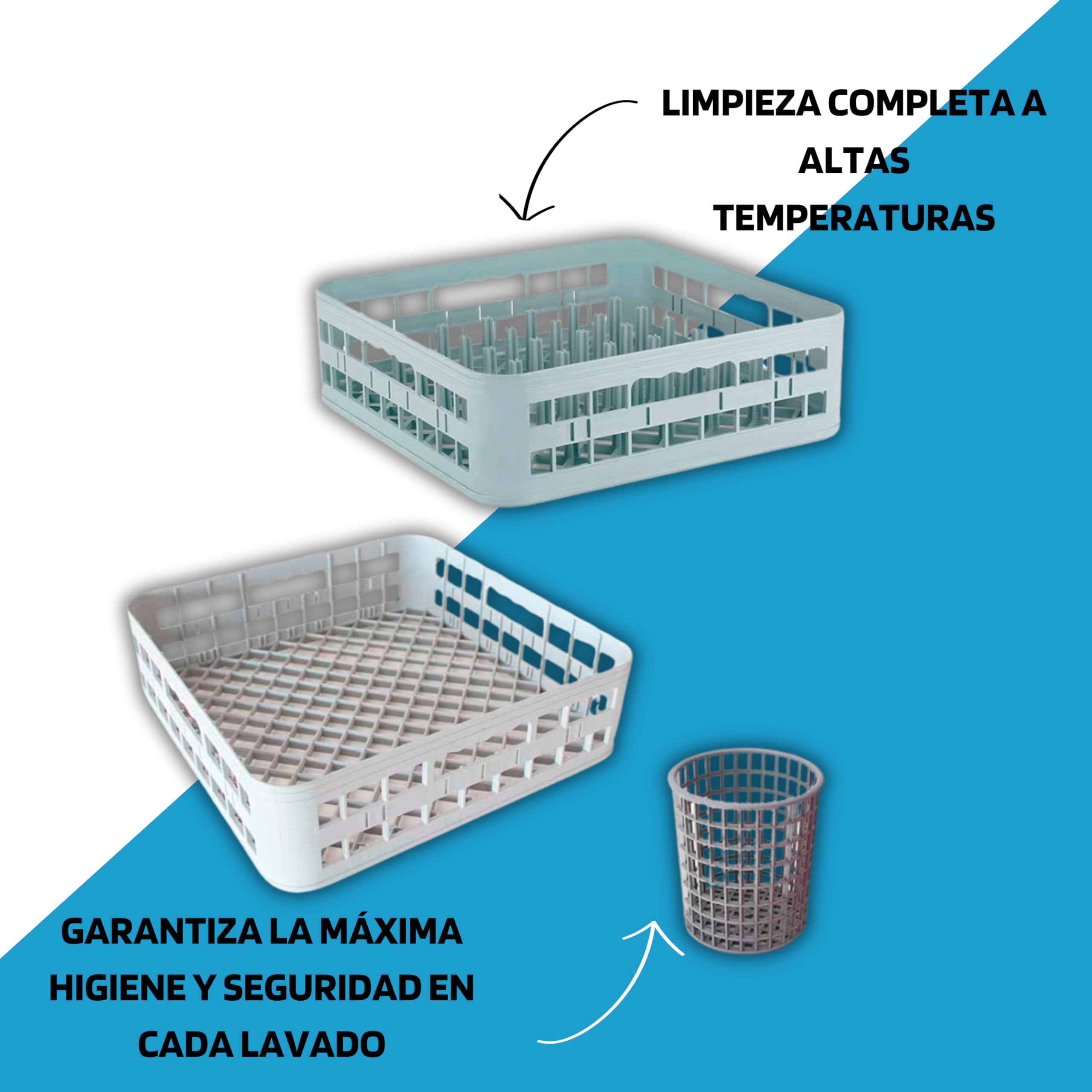 Kit De 2 Cestas De Lavado + 1 Cubilete Para Cubiertos - Lavavajillas Industrial Hosteleria, Cesta Lavavajillas, Lavavasos Industrial Hosteleria, Higiénico, Apilable, Dimensiones: 40x40x12 Cms