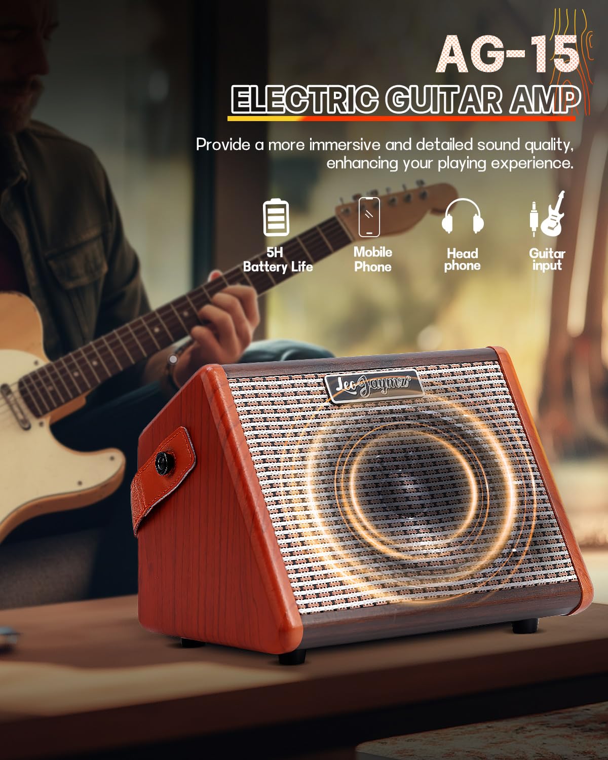 Leo Jaymz Amplificatore portatile per chitarra da 15 W con connessione BT, batteria ricaricabile, controllo del tono, jack per cuffie e personalizzazione del suono versatile per pratica e prestazioni
