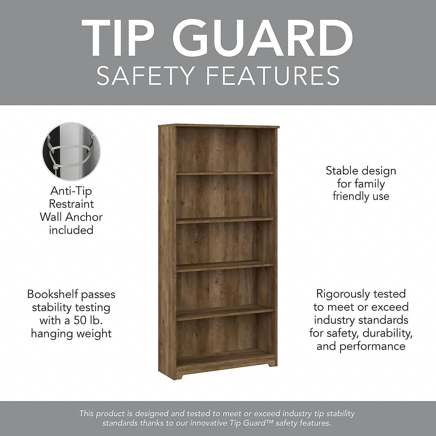 Bush Home Cabot 60W L Shaped Computer Desk with Hutch and 5 Shelf Bookcase in Reclaimed Pine