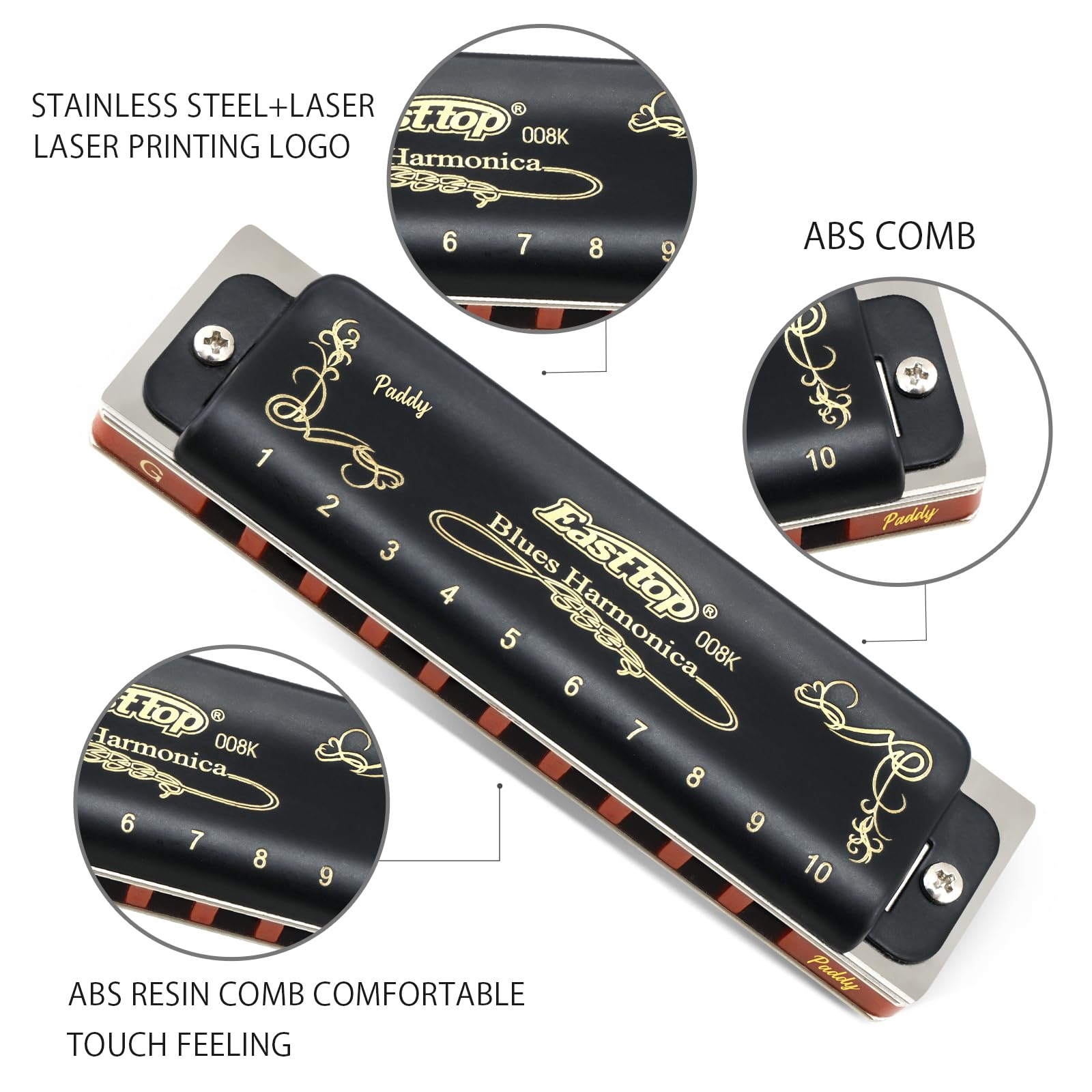 East top Harmonica, Diatonic Blues Harmonica key of Paddy G, 10 Holes 20 Tones 008K Blues Harp Mouth Organ Harmonica for Adults, Professionals and Students