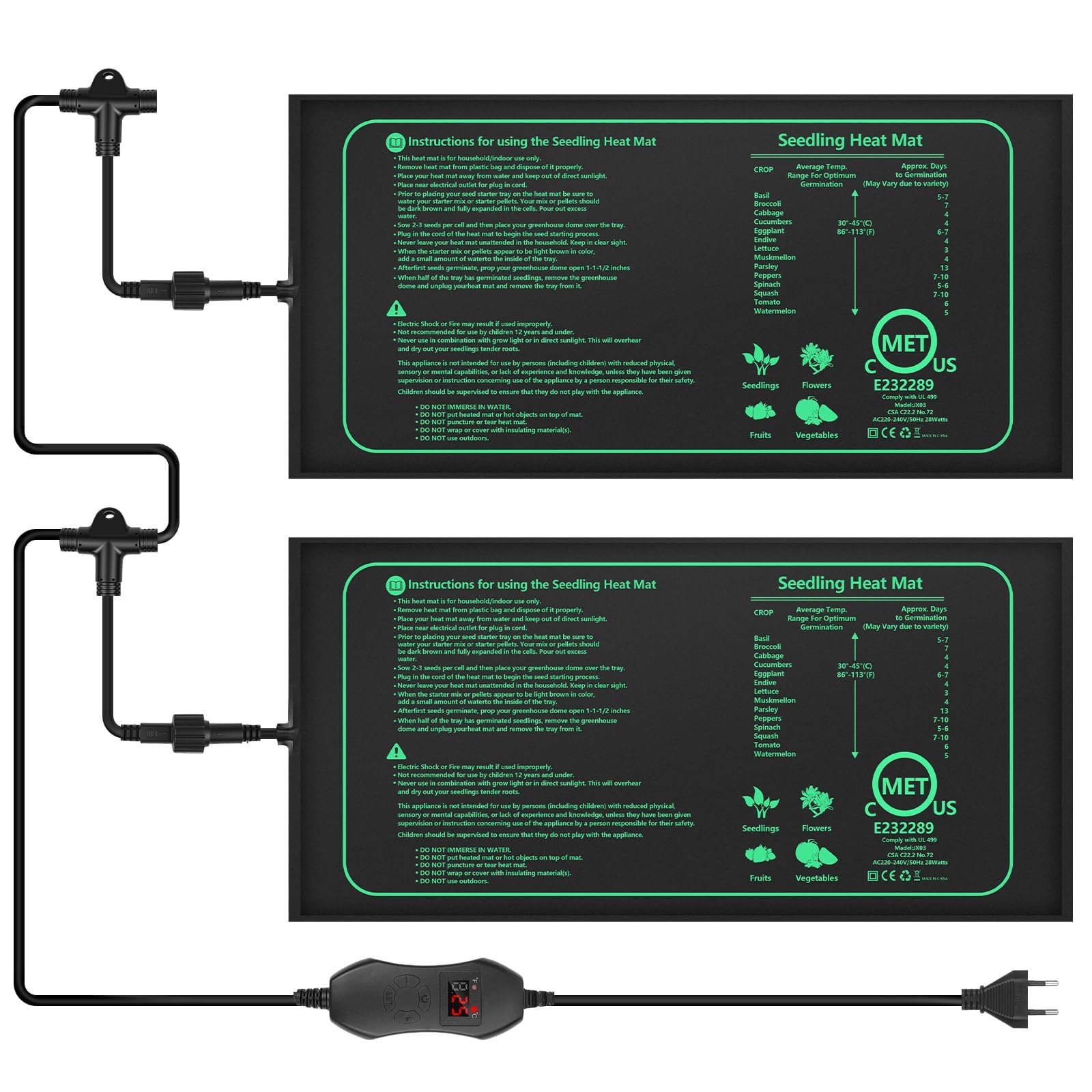 Diealles Shine Tapis Chauffant pour Plantes avec Thermostat, 2 Tapis Chauffants 30W avec 1 contrôleur, Température Réglable 30-45°C, pour Semis, Animaux Domestiques et Reptiles (52 x 25 cm)